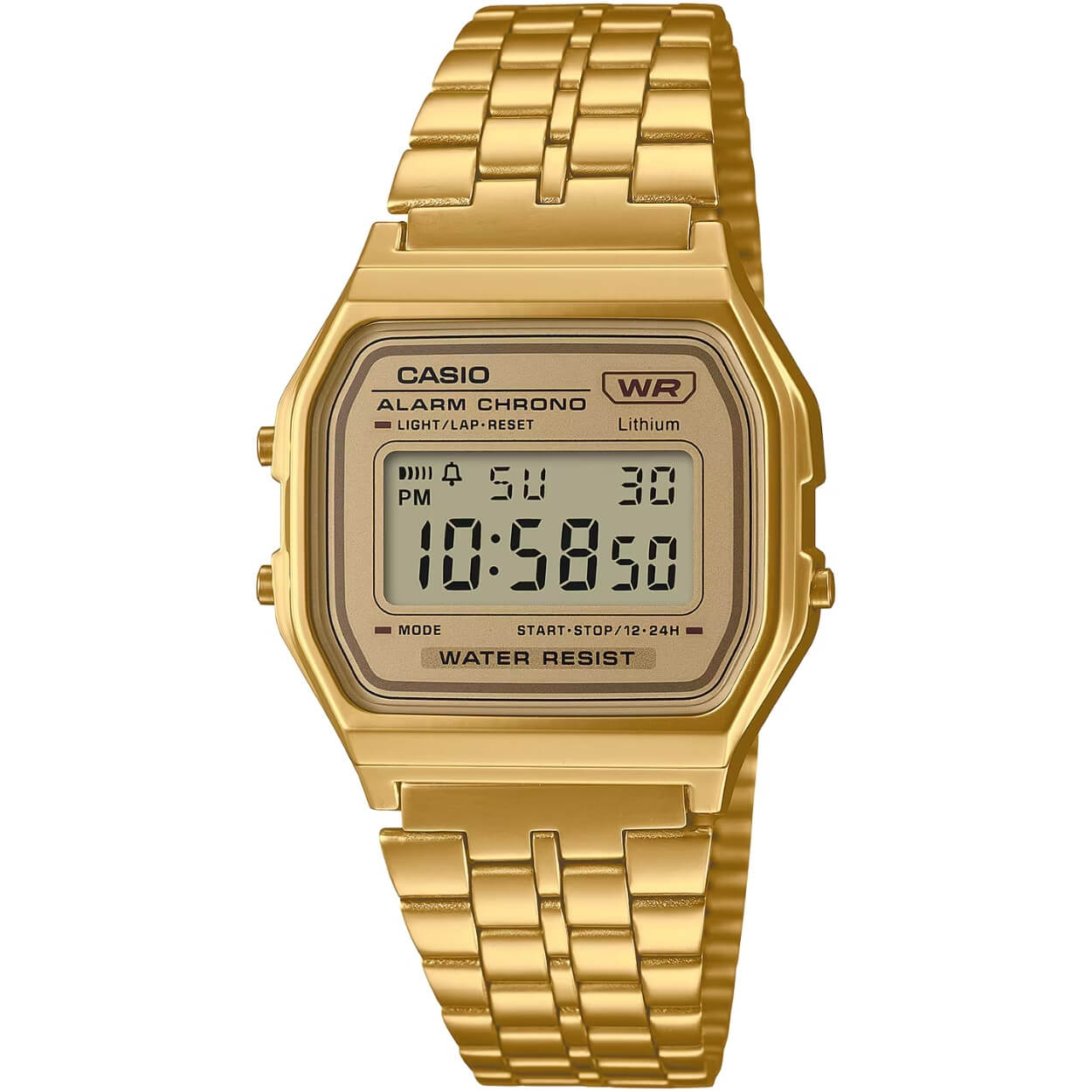 Casio Vintage A158WETG-9AEF digital damklocka med guld urtavla och armband i rostfritt stål