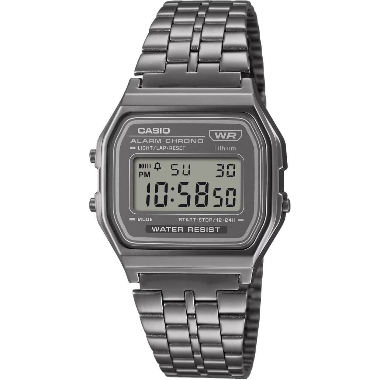 Casio Vintage A158WETB-1AEF digital unisexklocka med grå urtavla och armband i rostfritt stål