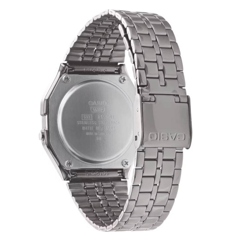 Casio Vintage A158WETB-1AEF digital unisexklocka med grå urtavla och armband i rostfritt stål