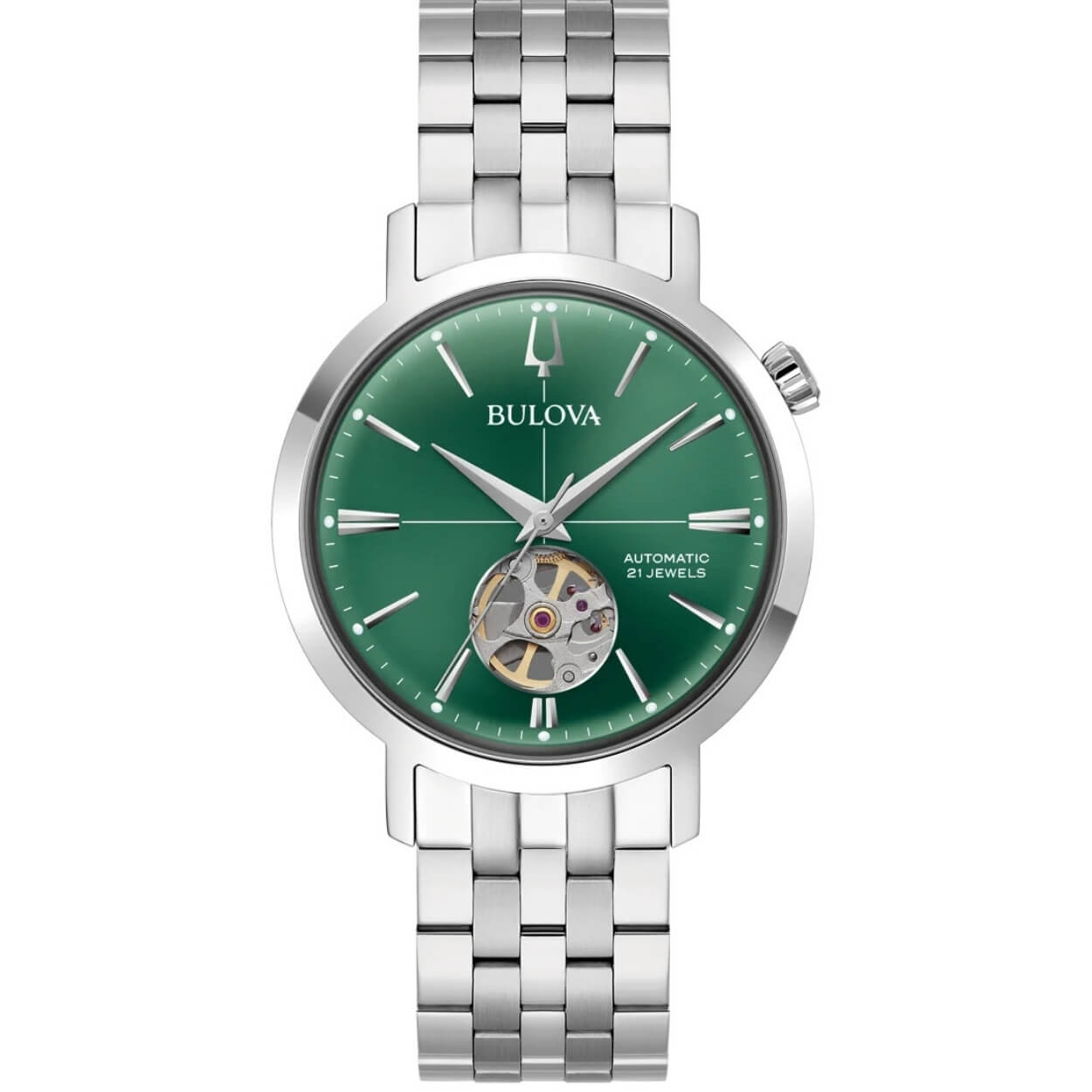 Bulova Aerojet 96A319 analog herrklocka med grön urtavla och armband i rostfritt stål
