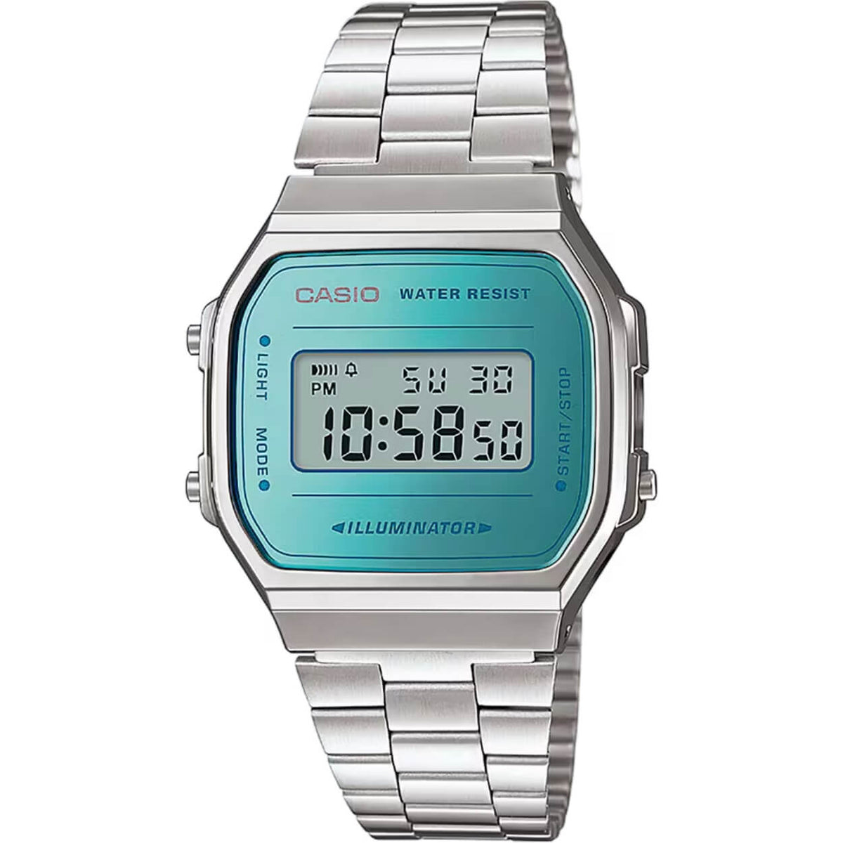 Casio Vintage A168WEM-2EF digital unisexklocka med turkos urtavla och armband i rostfritt stål