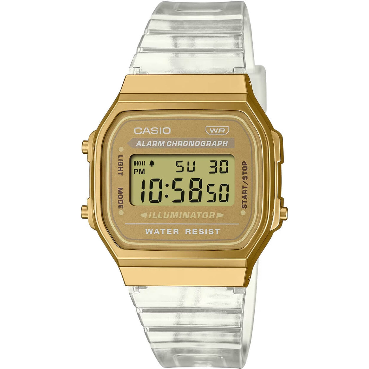 Casio Vintage A168XESG-9AEF digital unisexklocka med guld urtavla och armband i resin