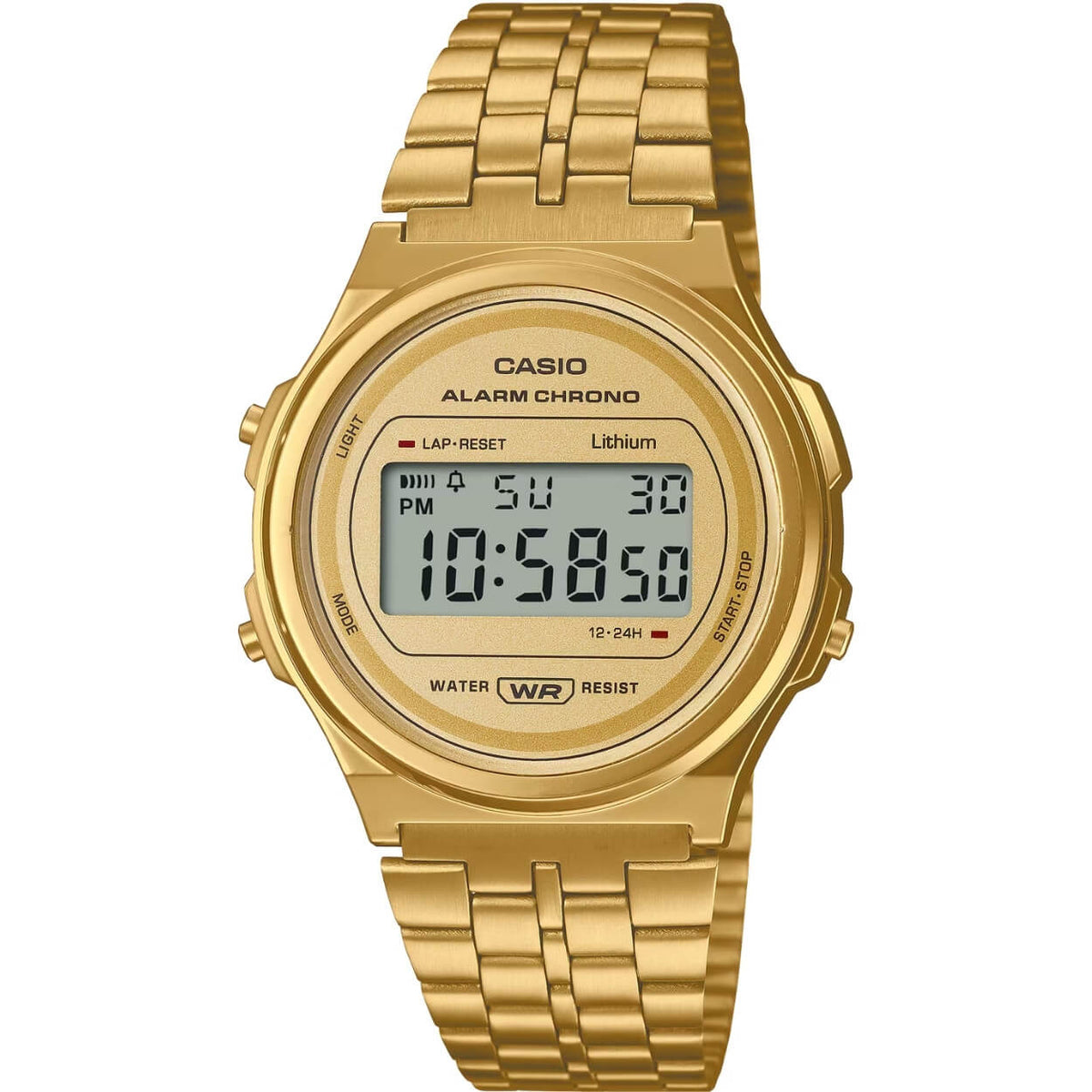 Casio Vintage A171WEG-9AEF digital unisexklocka med guld urtavla och armband i rostfritt stål