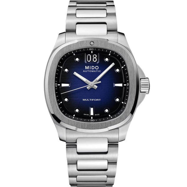 Mido Multifort TV Big Date M049.526.11.041.00 analog herrklocka med blå urtavla och armband i rostfritt stål