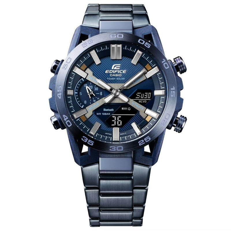 Casio Edifice ECB-2000CB-2AEF ana-digi herrklocka med blå urtavla och armband i rostfritt stål