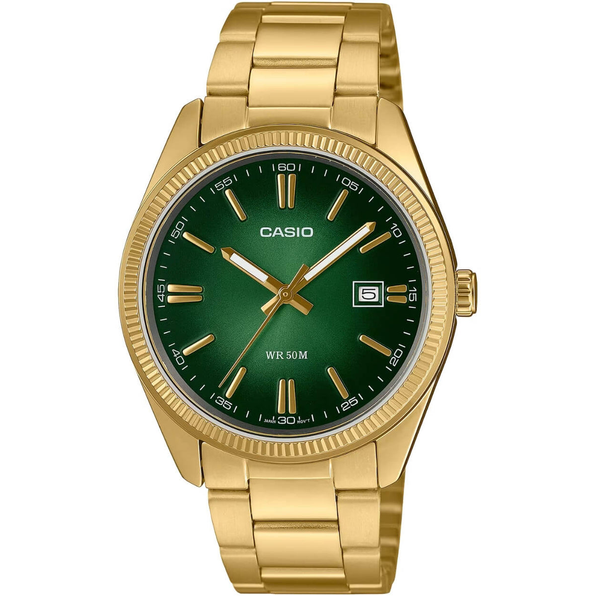 Casio Timeless MTP-1302PGC-3AVEF analog herrklocka med grön urtavla och armband i rostfritt stål