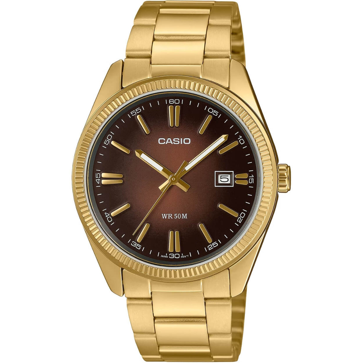 Casio Timeless MTP-1302PGC-5AVEF analog herrklocka med brun urtavla och armband i rostfritt stål
