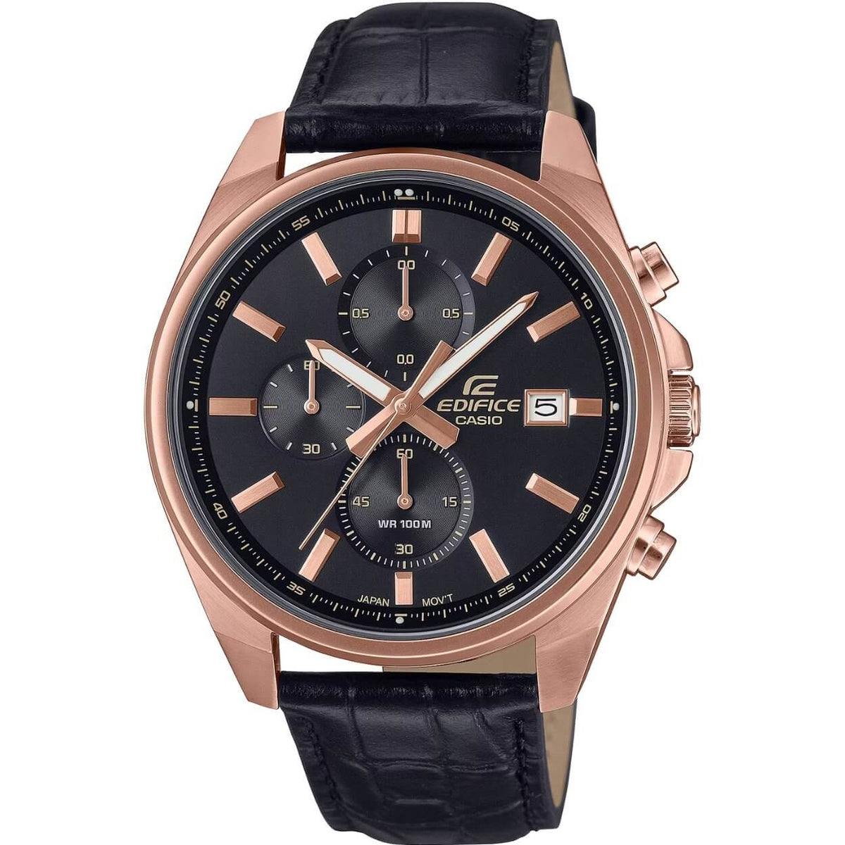 Casio Edifice Chronograph EFV-610ECL-1AUEF analog herrklocka med svart urtavla och armband i läder