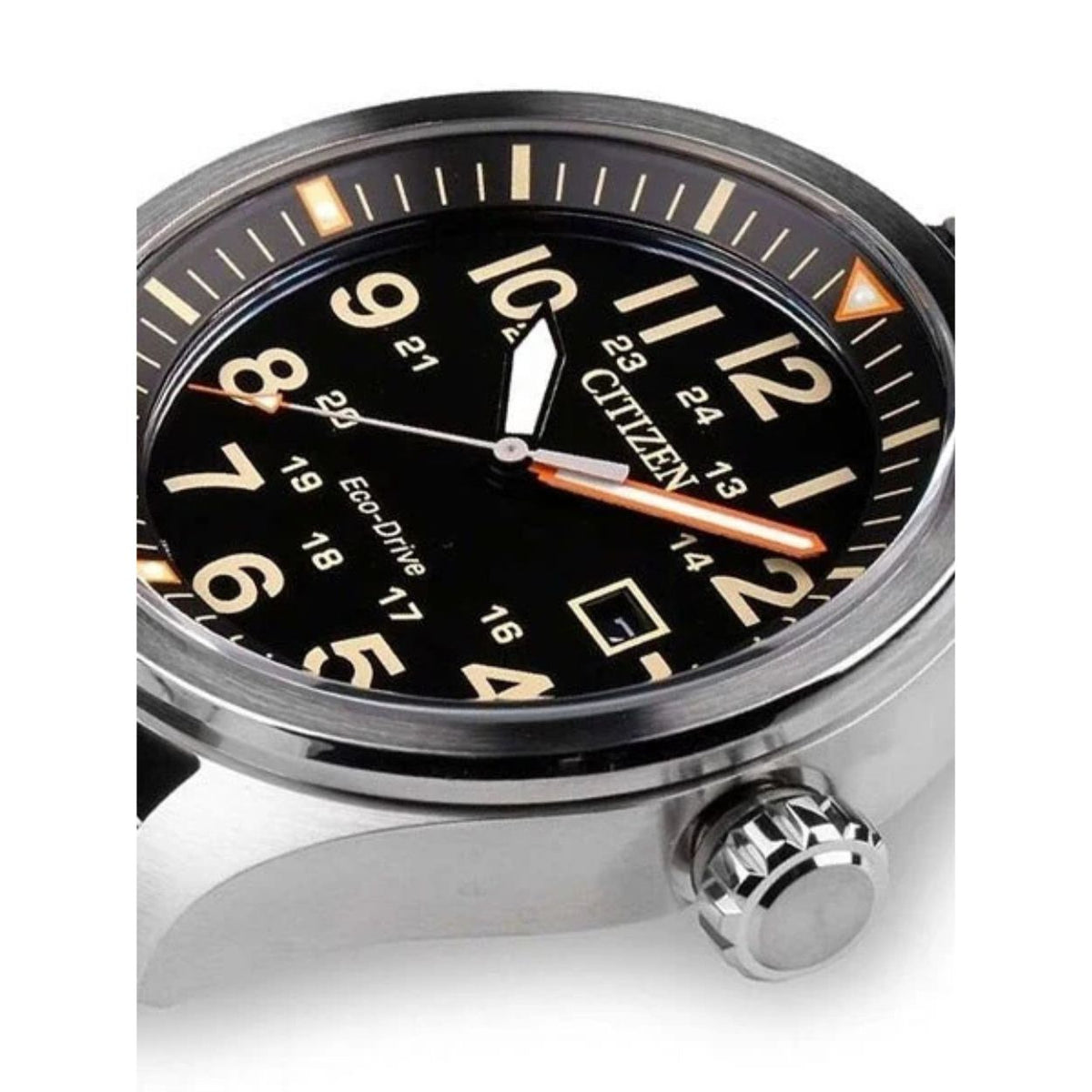 Citizen Eco-Drive AW5000-24E analog herrklocka med svart urtavla och armband i nylon