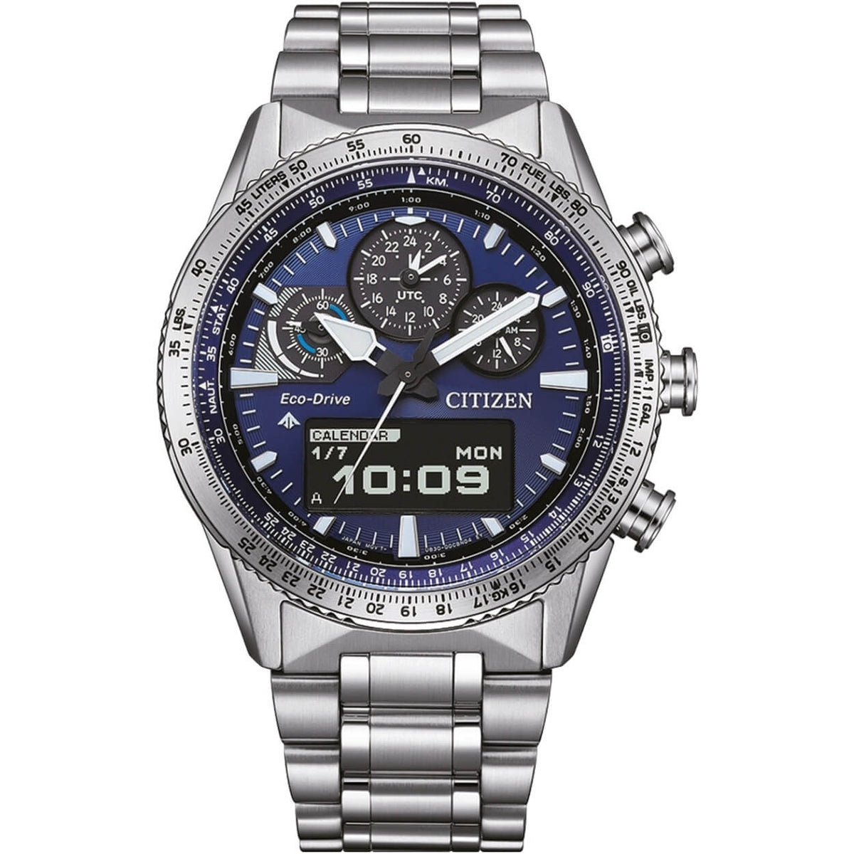 Citizen Promaster Sky JV2000-51L analog herrklocka med blå urtavla och armband i rostfritt stål