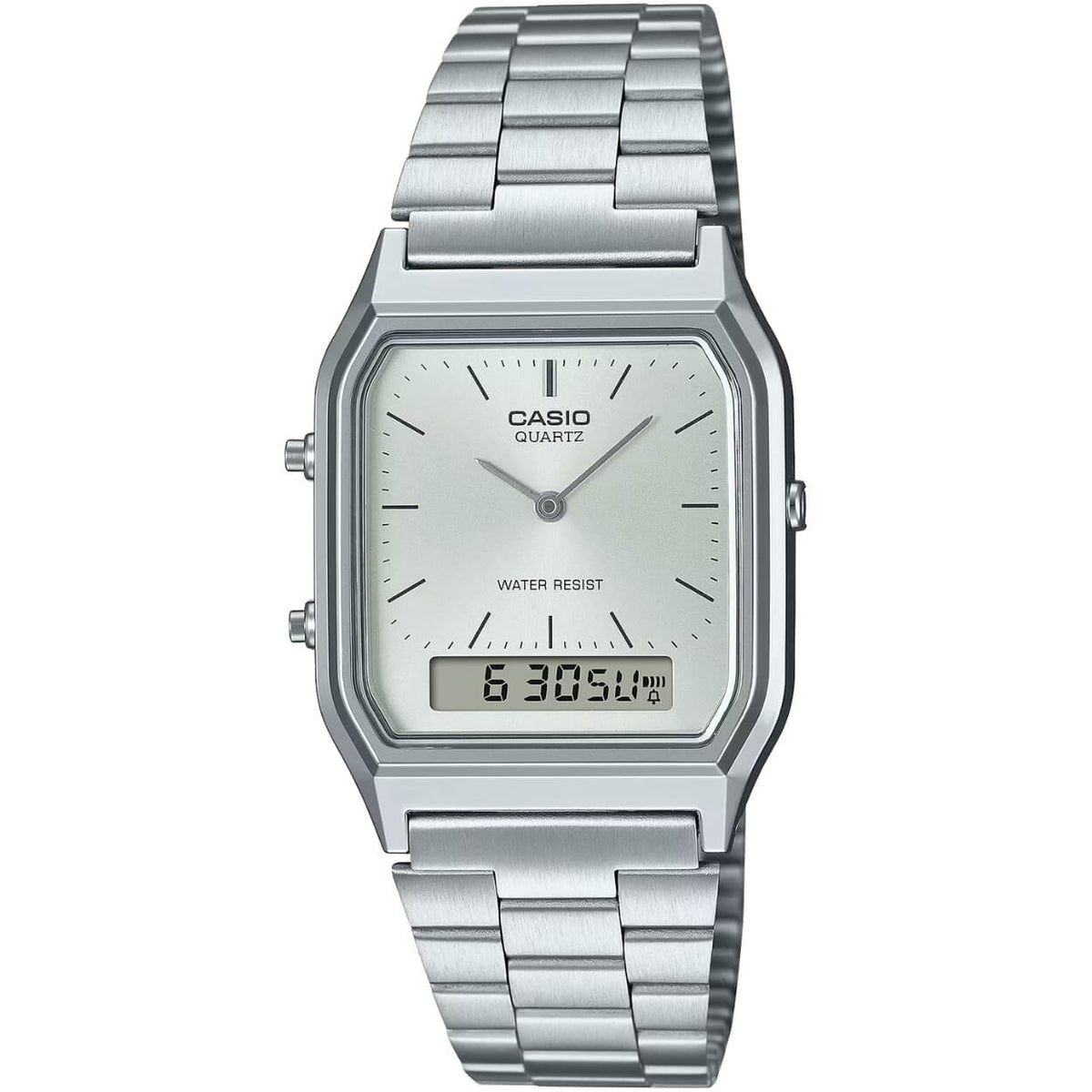 Casio Vintage AQ-230A-7AMQYES analog unisexklocka med silver urtavla och armband i rostfritt stål