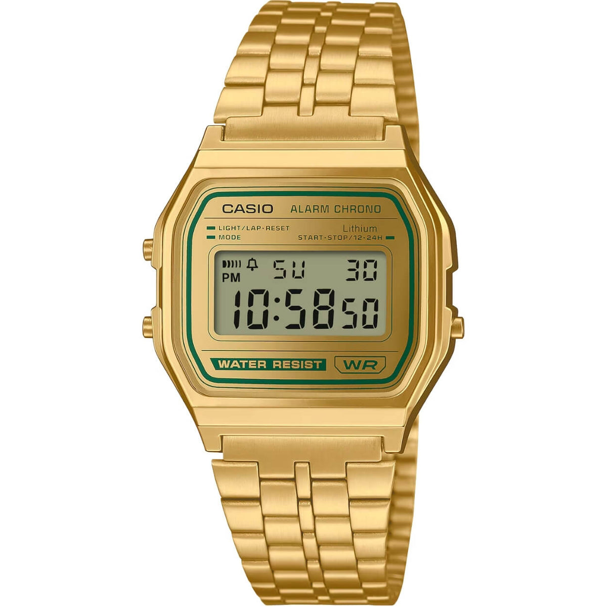 Casio Vintage A158WEGV-9AEF digital unisexklocka med guld urtavla och armband i rostfritt stål