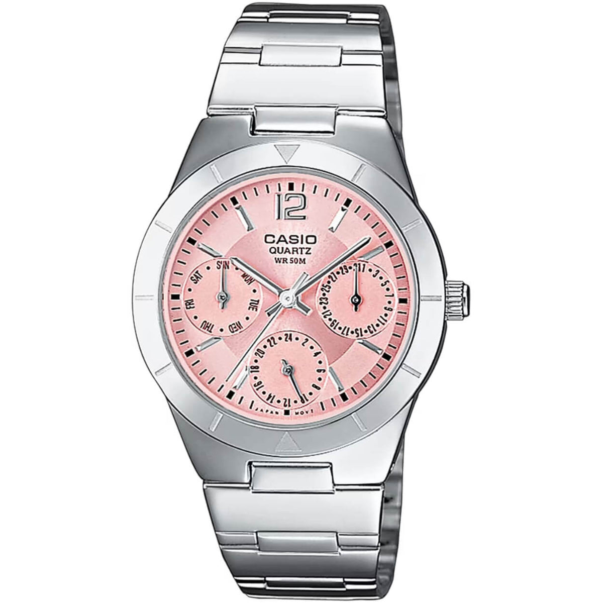 Casio Timeless LTP-2069D-4AVEG analog damklocka med rosa urtavla och armband i rostfritt stål