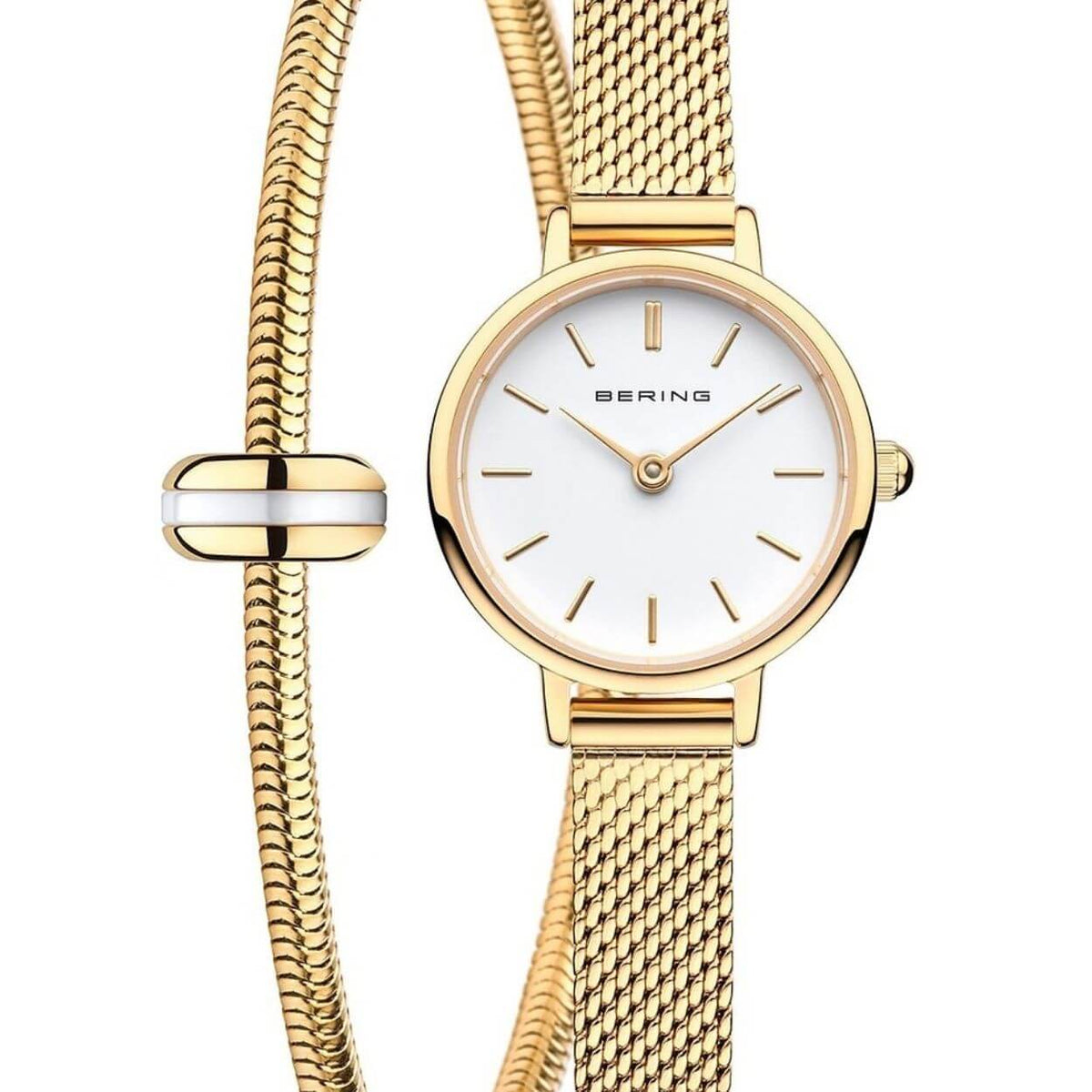 Bering Lovely Set 11022-334-Lovely-1-GWP190 analog damklocka med vit urtavla och armband i mesh