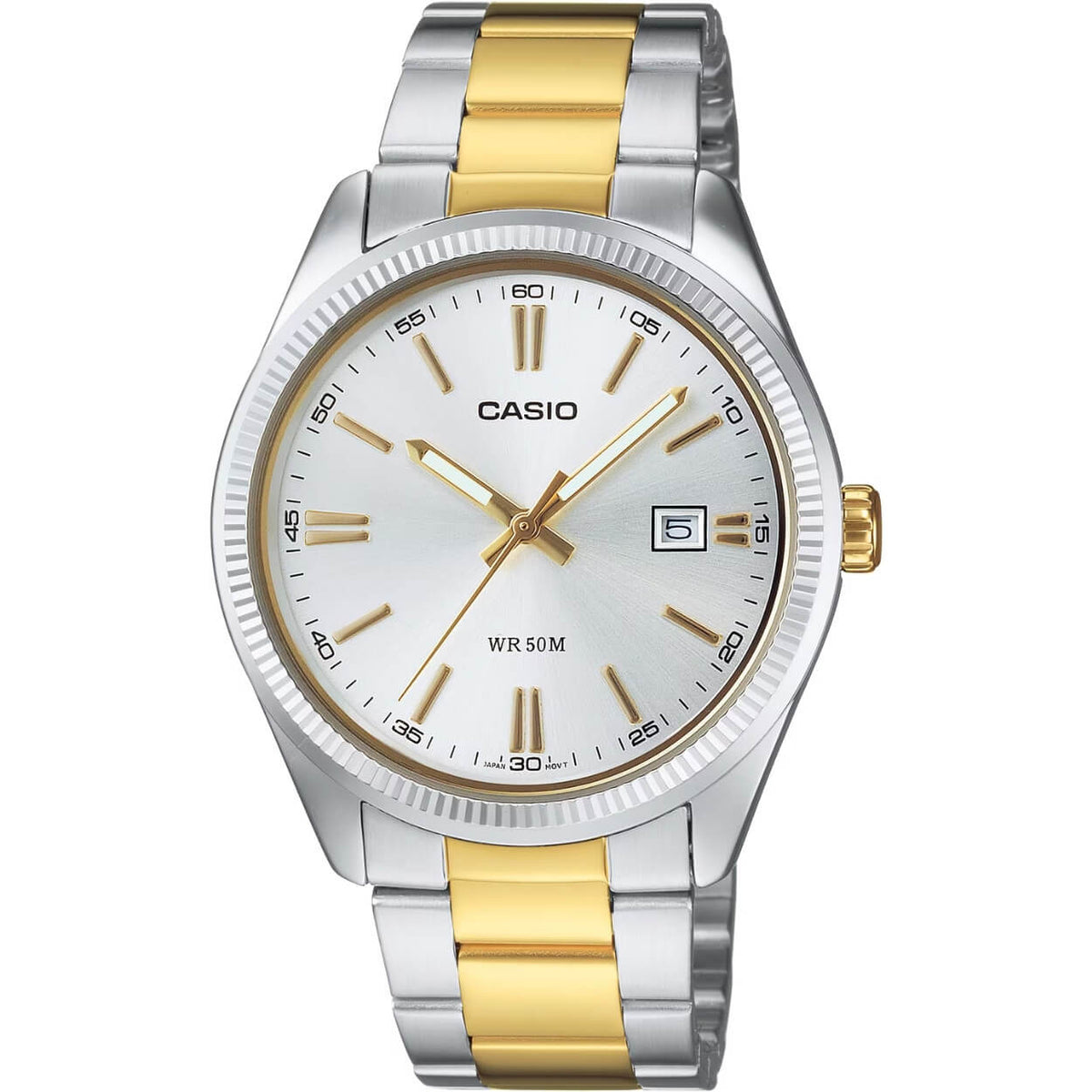 Casio Timeless MTP-1302PSG-7AVEF analog herrklocka med vit urtavla och armband i rostfritt stål