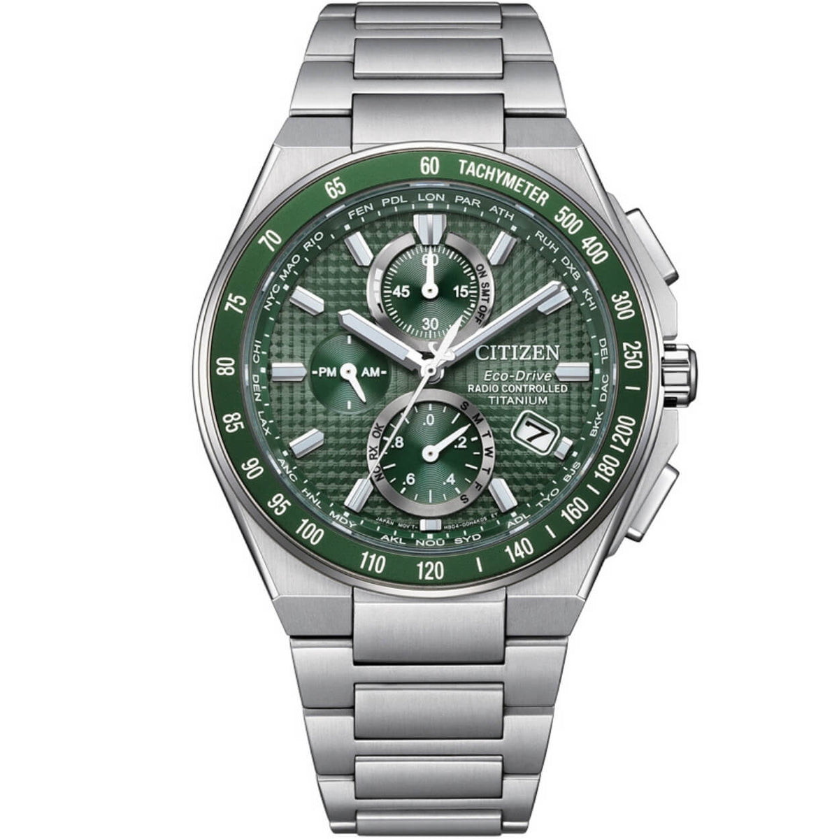 Citizen Promaster Sky AT8398-53X analog herrklocka med grön urtavla och armband i titan