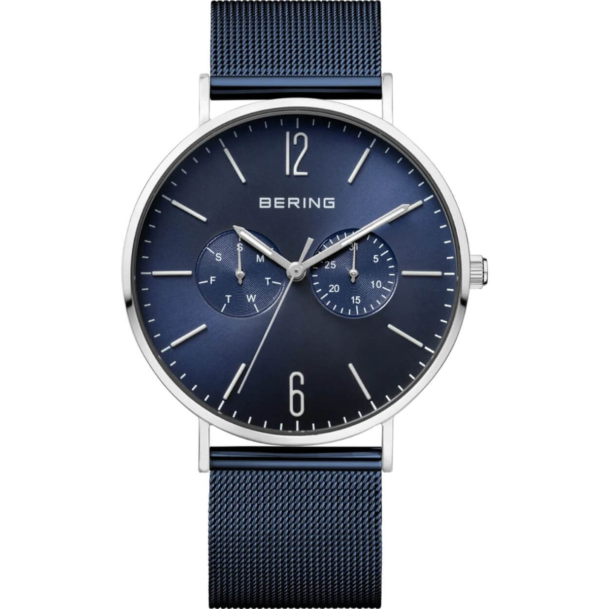 Bering Classic 14240-303 analog herrklocka med blå urtavla och armband i mesh