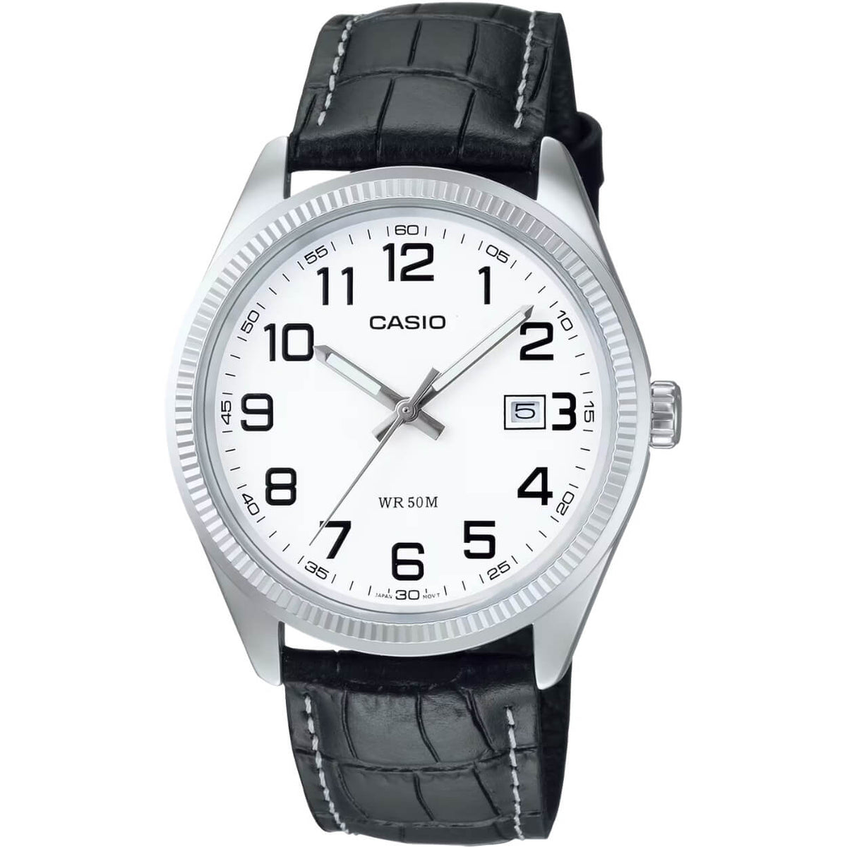 Casio Timeless MTP-1302PL-7BVEF analog herrklocka med vit urtavla och armband i läder