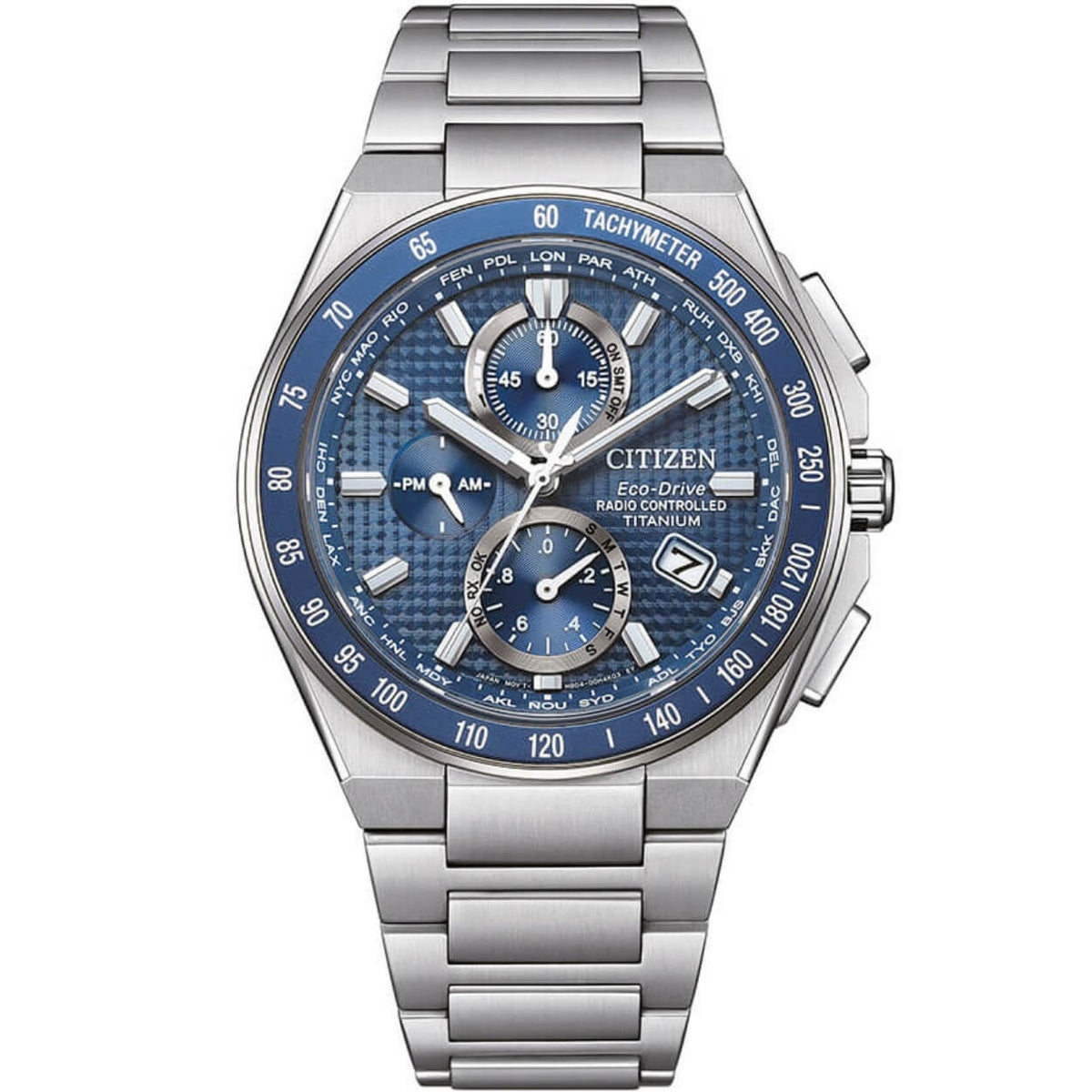 Citizen Promaster Sky AT8396-59L analog herrklocka med blå urtavla och armband i titan