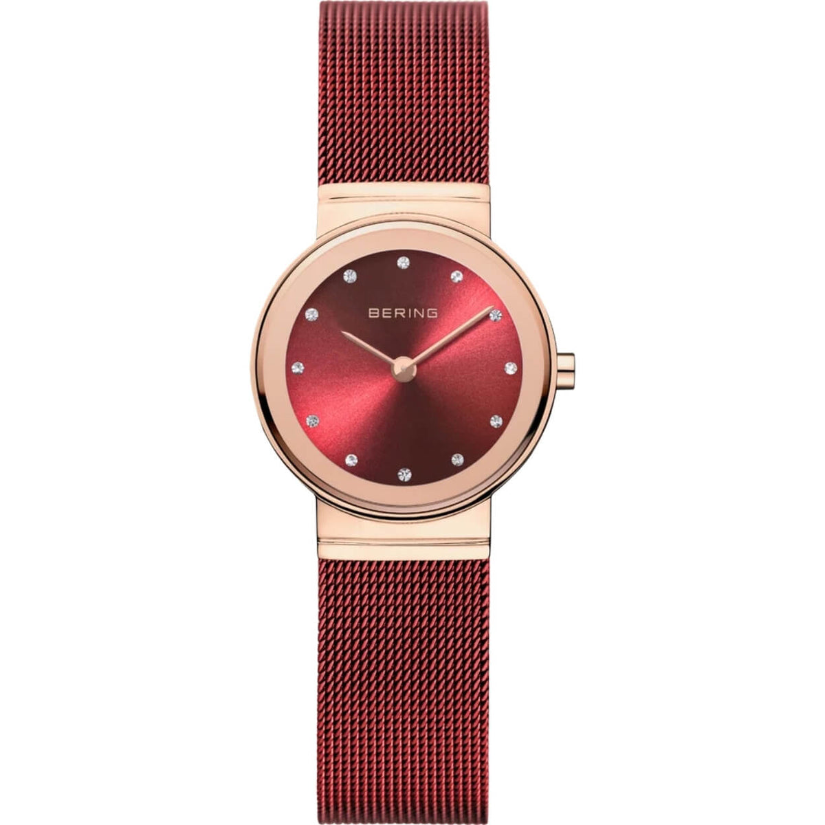 Bering Classic 10126-363 analog damklocka med rött urtavla och armband i mesh