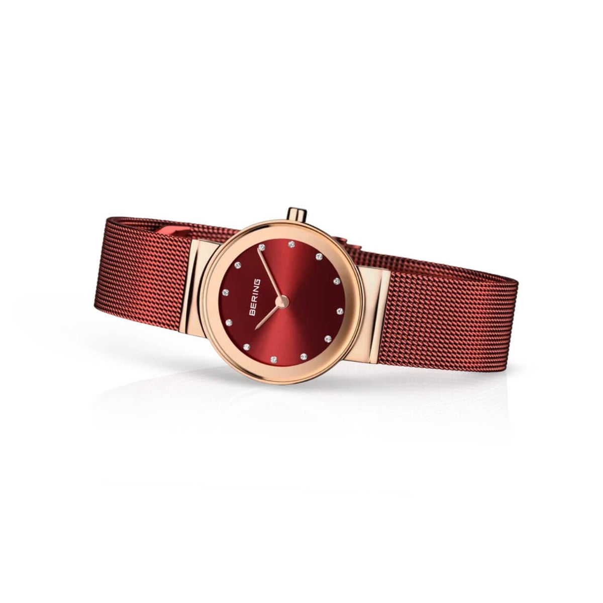 Bering Classic 10126-363 analog damklocka med rött urtavla och armband i mesh