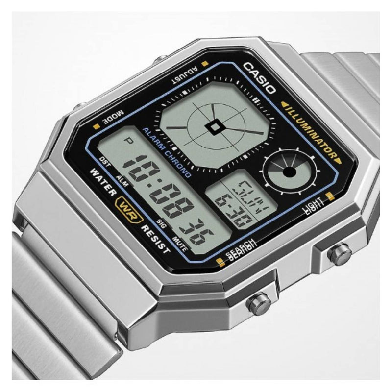 Casio Vintage A130WE-1AEF digital unisexklocka med svart urtavla och armband i rostfritt stål