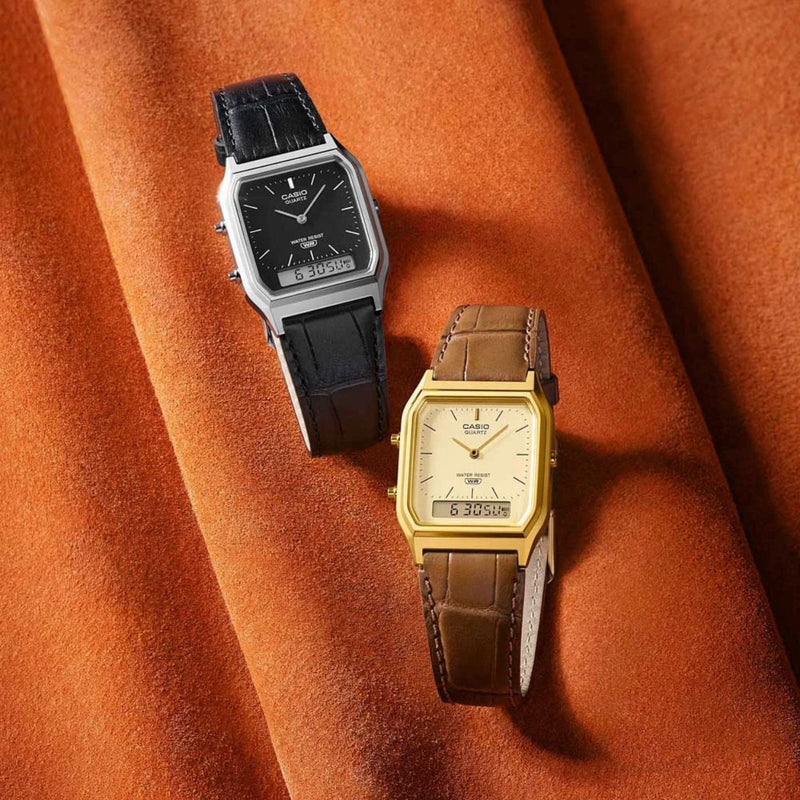 Casio Vintage AQ-230EL-1AEF ana-digi herrklocka med svart urtavla och armband i läder