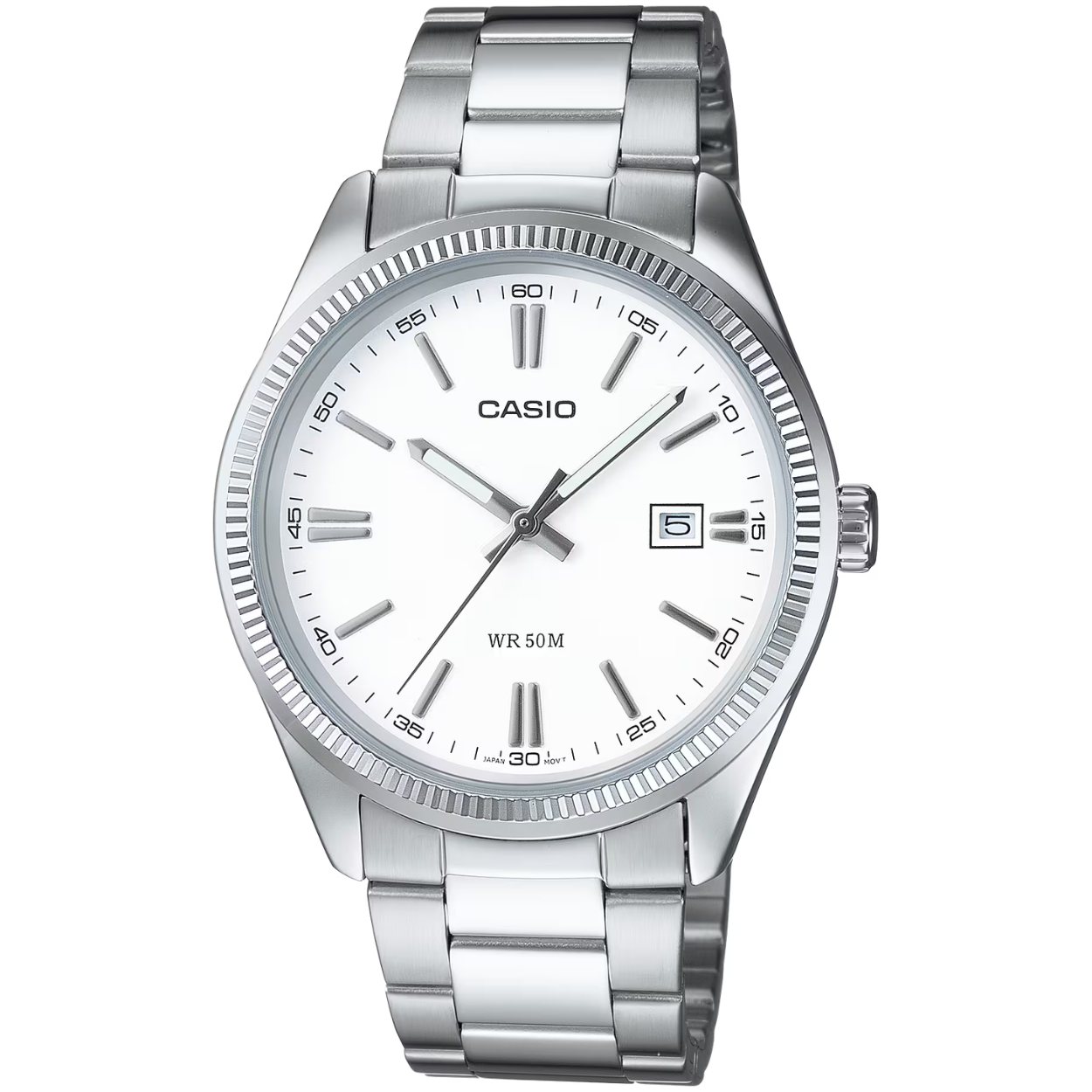 Casio Timeless MTP-1302PD-7A1VEF analog herrklocka med vit urtavla och armband i rostfritt stål