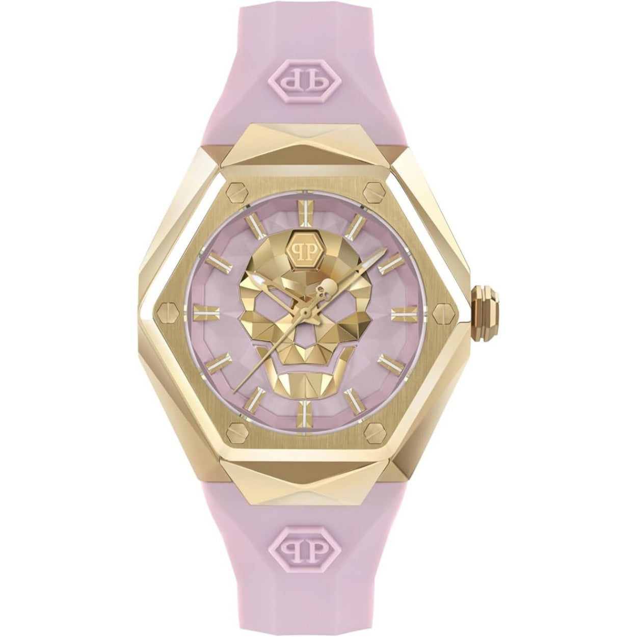 Philipp Plein The Skull PWADA0124 analog damklocka med rosa urtavla och armband i gummi