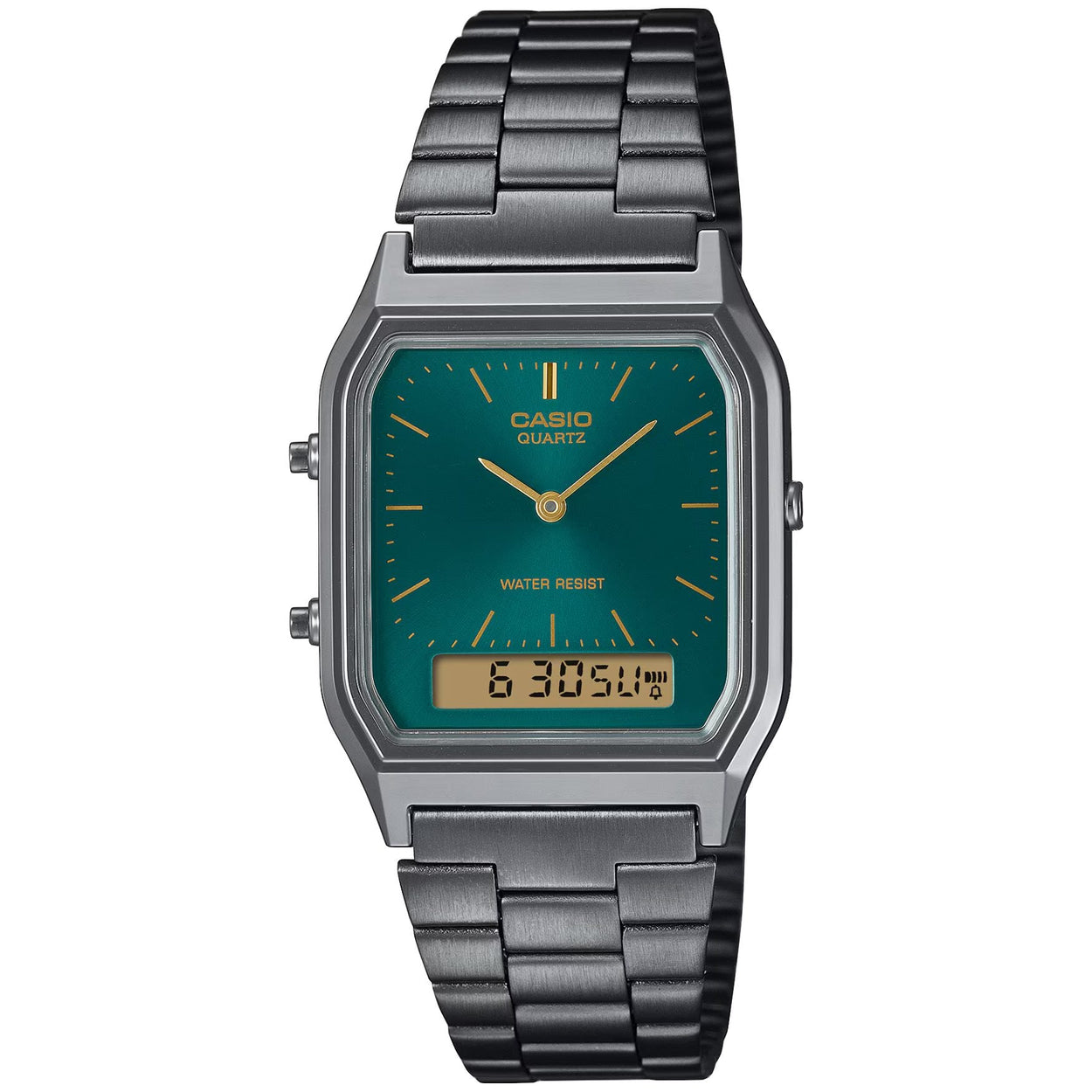 Casio Vintage AQ-230EGG-3AEF ana-digi herrklocka med grön urtavla och armband i rostfritt stål