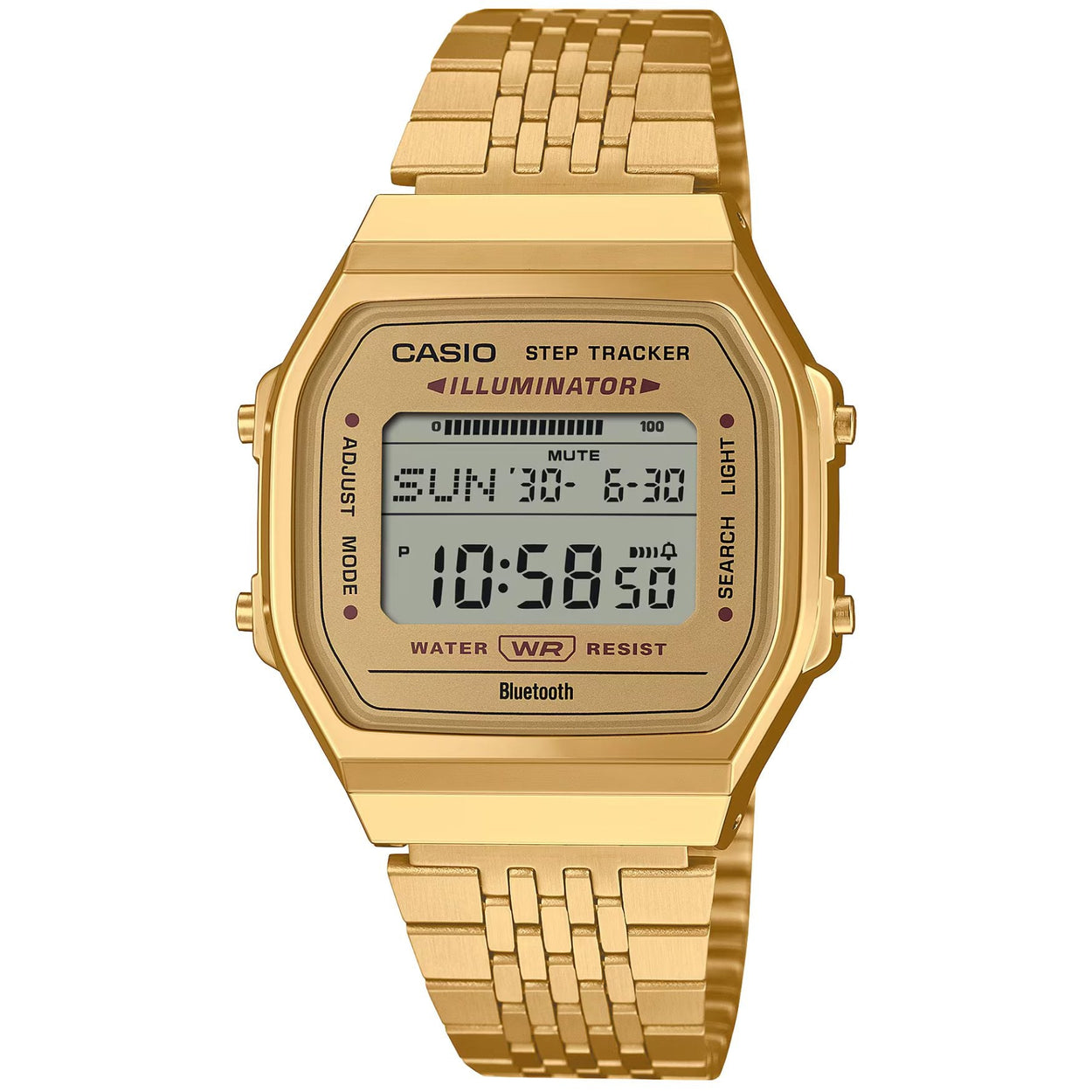 Casio Vintage Bluetooth ABL-100WEG-9AEF digital unisexklocka med guld urtavla och armband i rostfritt stål