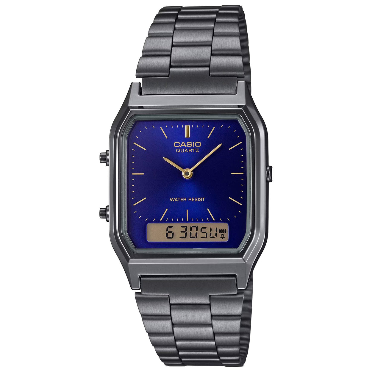 Casio Vintage AQ-230EGG-2AEF ana-digi herrklocka med blå urtavla och armband i rostfritt stål