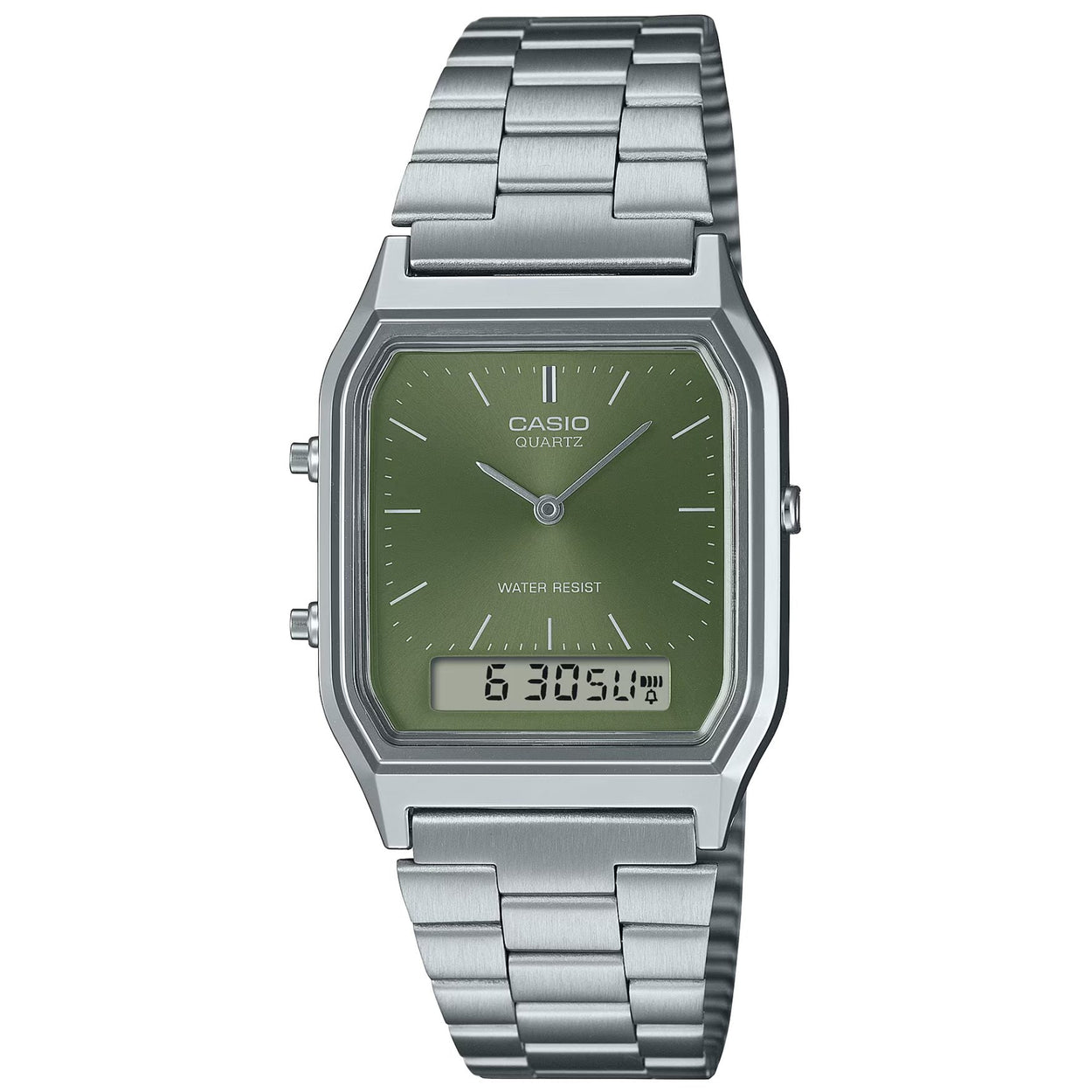 Casio Vintage AQ-230A-3AMQYES ana-digi unisexklocka med grön urtavla och armband i rostfritt stål