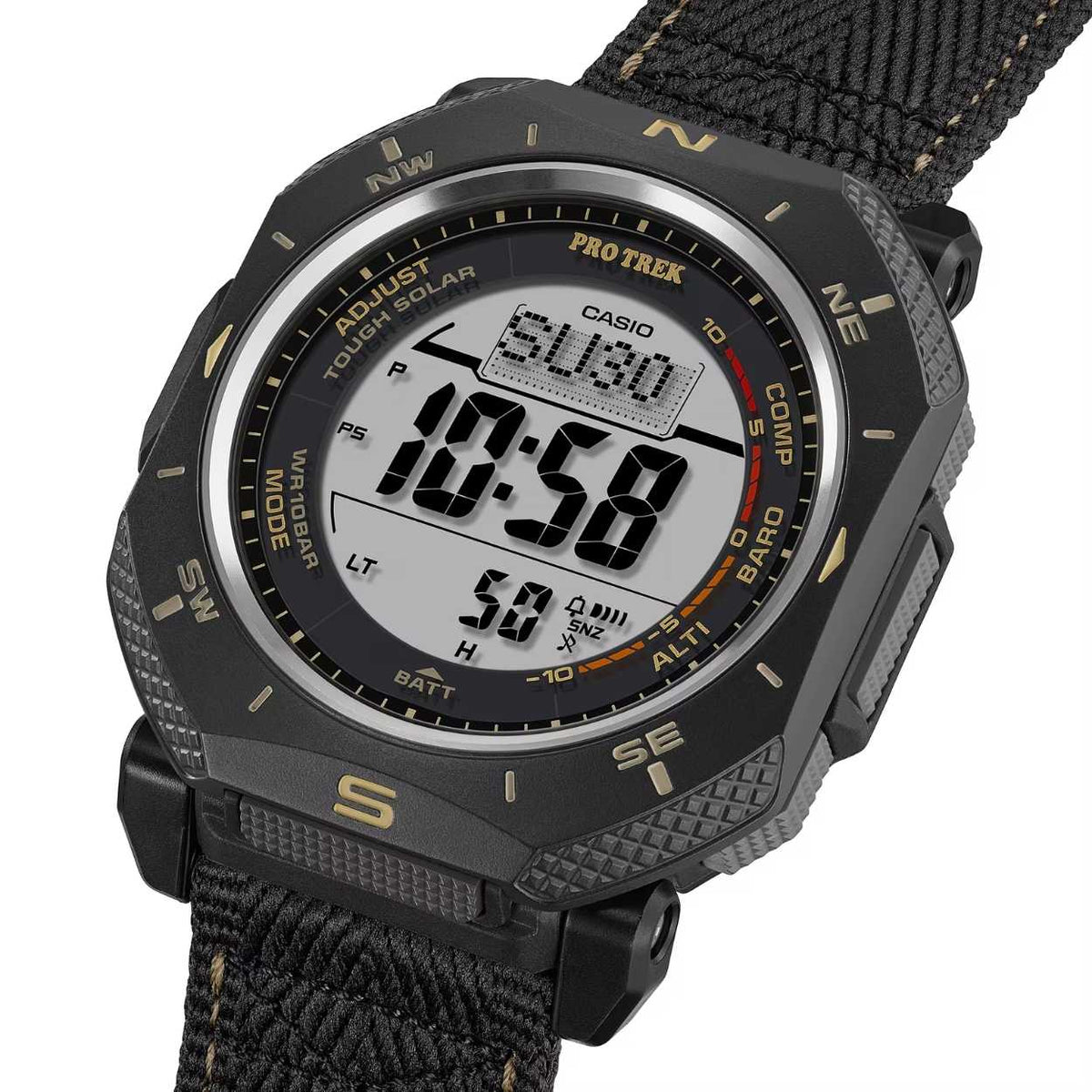 Casio Pro Trek PRG-69B-1ER digital herrklocka med svart urtavla och armband i textil