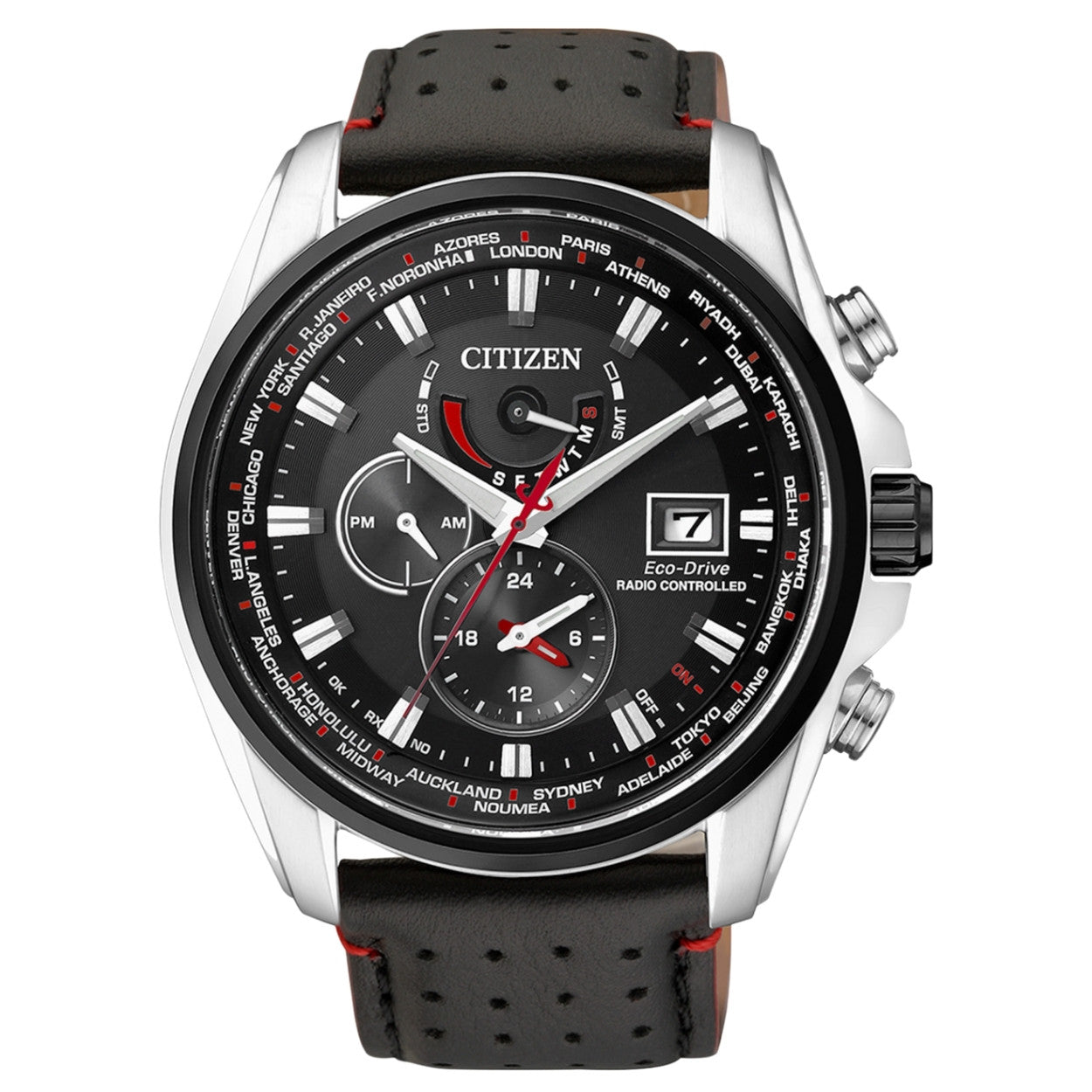 Citizen Eco-drive AT9036-08E analog herrklocka med svart urtavla och armband i läder