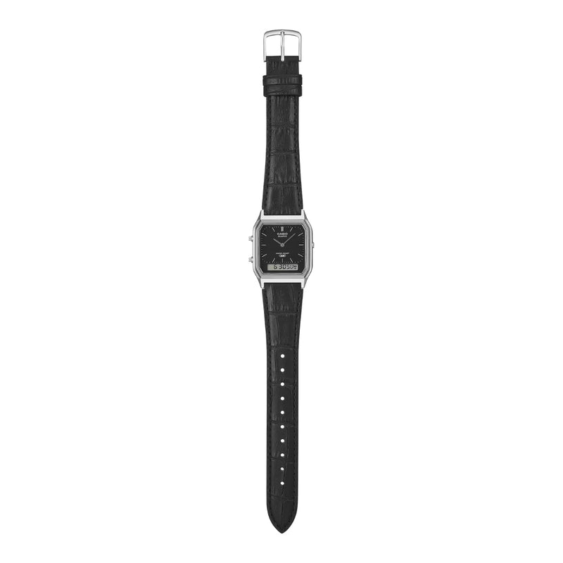 Casio Vintage AQ-230EL-1AEF analog herrklocka med svart urtavla och armband i läder