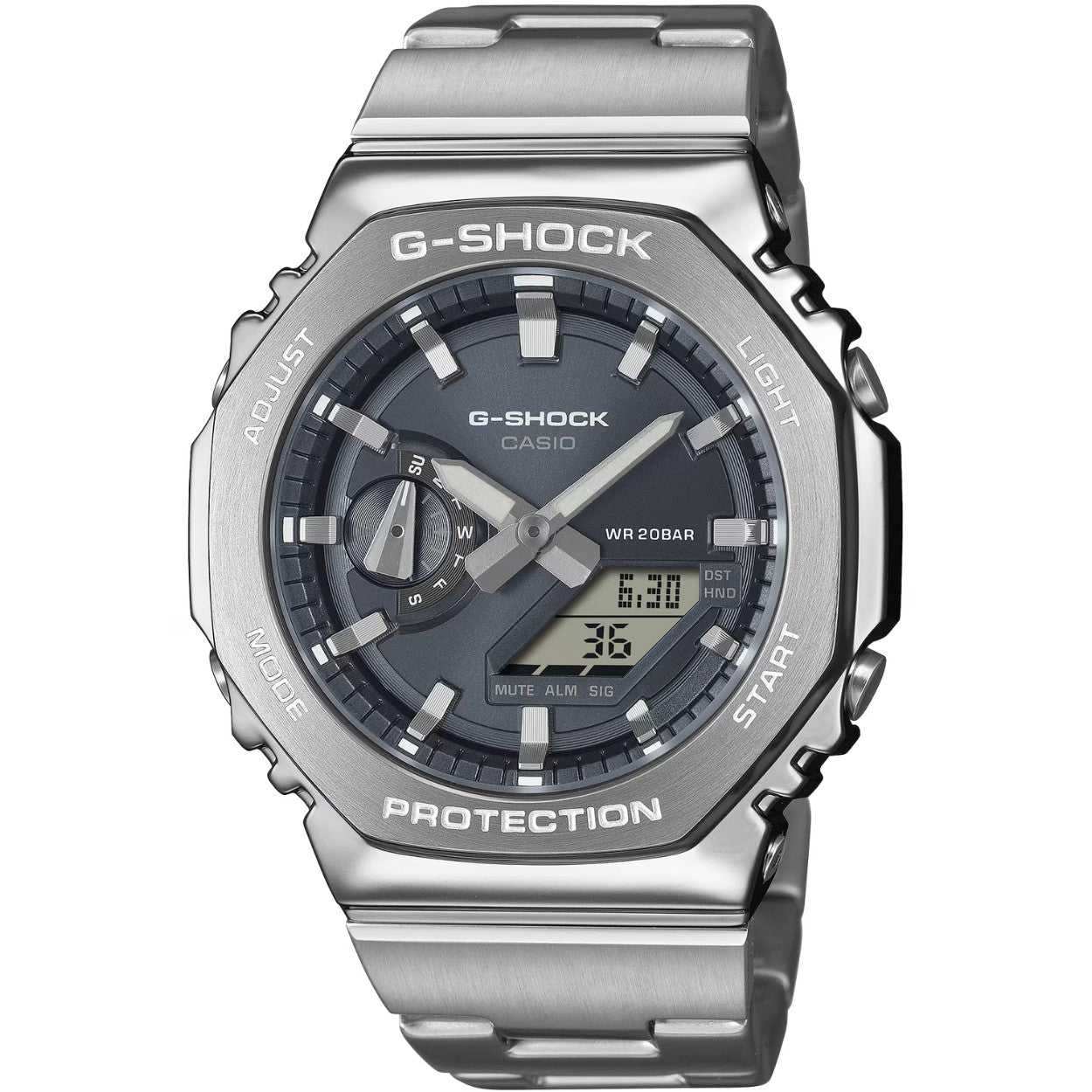 Casio G-Shock GM-2110D-8AER analog herrklocka med blå urtavla och armband i rostfritt stål