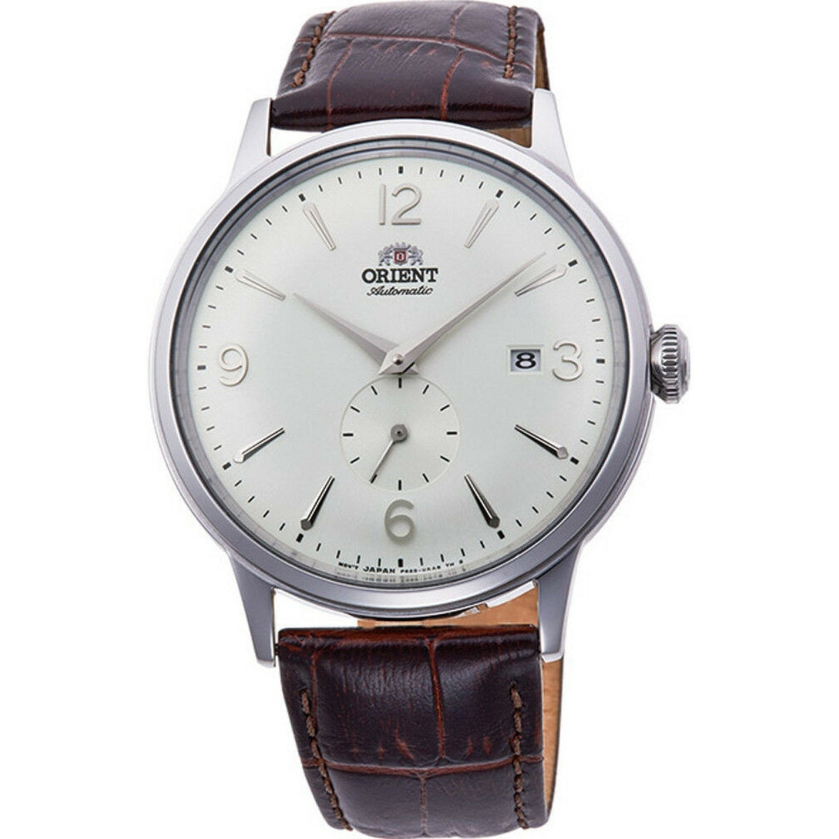 Orient Bambino RA-AP0002S30B analog herrklocka med vit urtavla och armband i läder