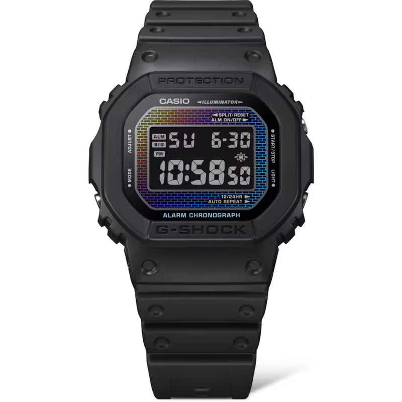 Casio G-Shock Rainbow Brick Wall Edition DW-5600RW-1ER digital unisexklocka med flerfärgad urtavla och armband i resin