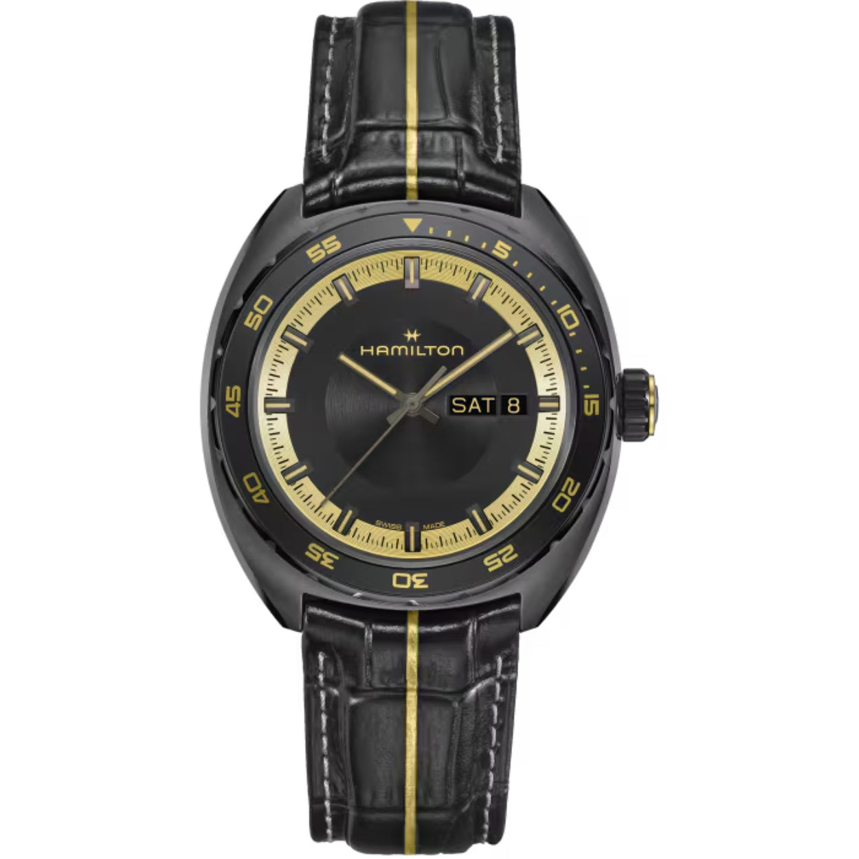 Hamilton Pan Europ Resident Evil Requiem H35455730 analog herrklocka med flerfärgad urtavla och armband i läder