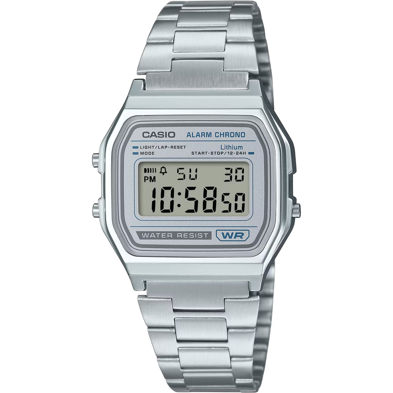 Casio Vintage A158WEA-7EF digital unisexklocka med silver urtavla och armband i rostfritt stål