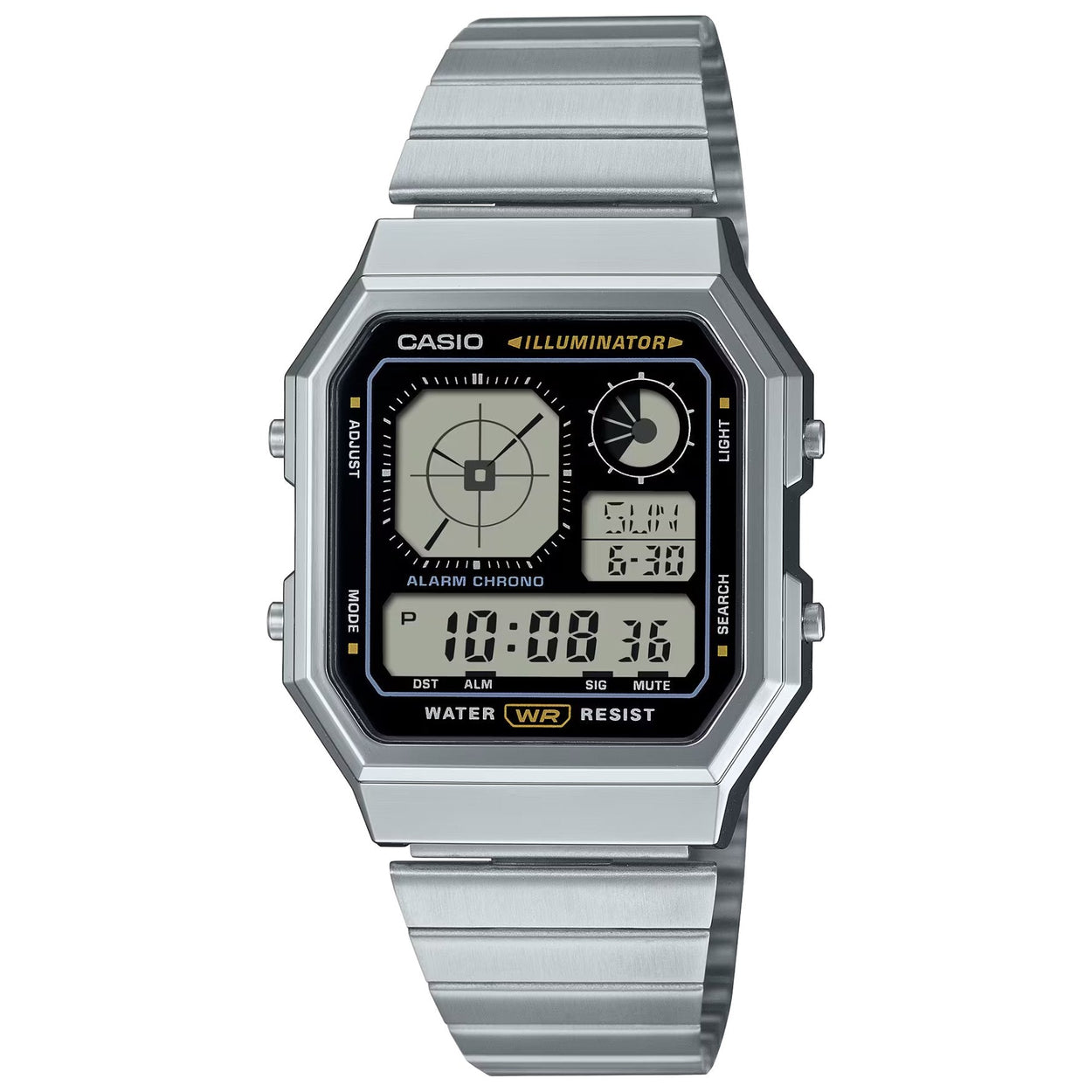 Casio Vintage A130WE-1AEF digital unisexklocka med svart urtavla och armband i rostfritt stål