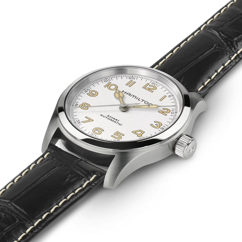 Hamilton Khaki Field Murph H70405710 analog herrklocka med vit urtavla och armband i skinn