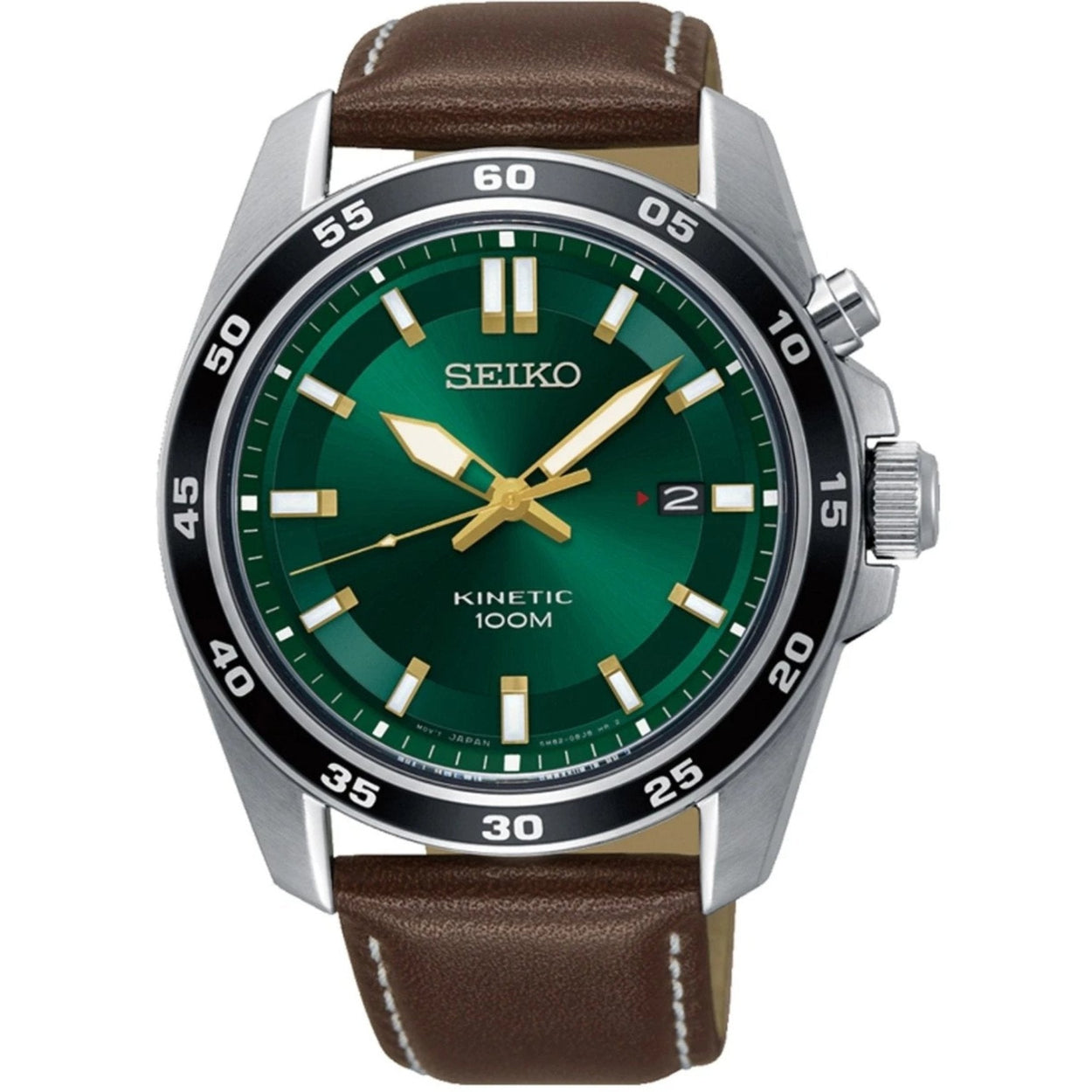 Seiko Mens Kinetic SKA791P1 analog herrklocka med grön urtavla och armband i läder