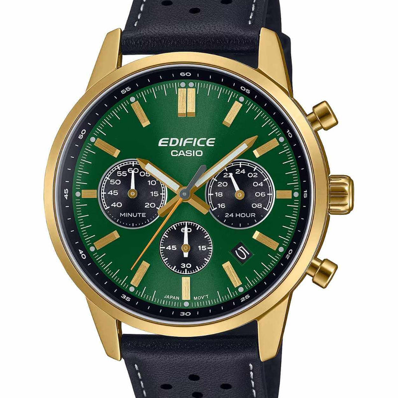 Casio Edifice Chronograph EFR-575CL-3AEF analog herrklocka med grön urtavla och armband i läder