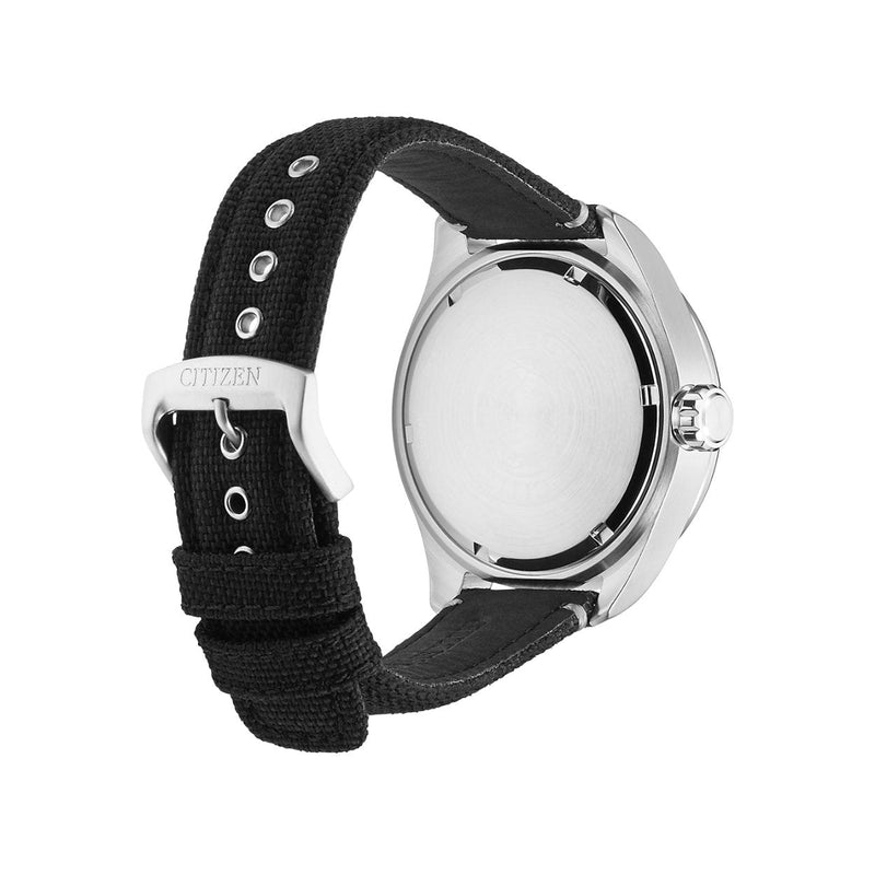 Citizen Eco-Drive AW5000-24E analog herrklocka med svart urtavla och armband i nylon