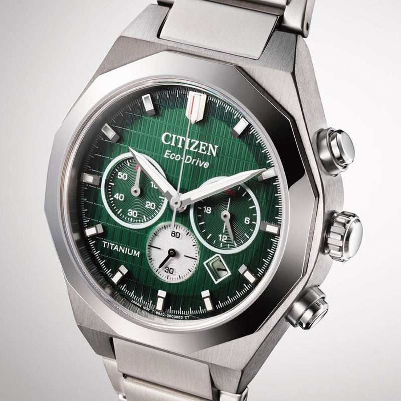 Citizen Zenshin Senkei Super Titanium CA4691-59X analog herrklocka med grön urtavla och armband i titan