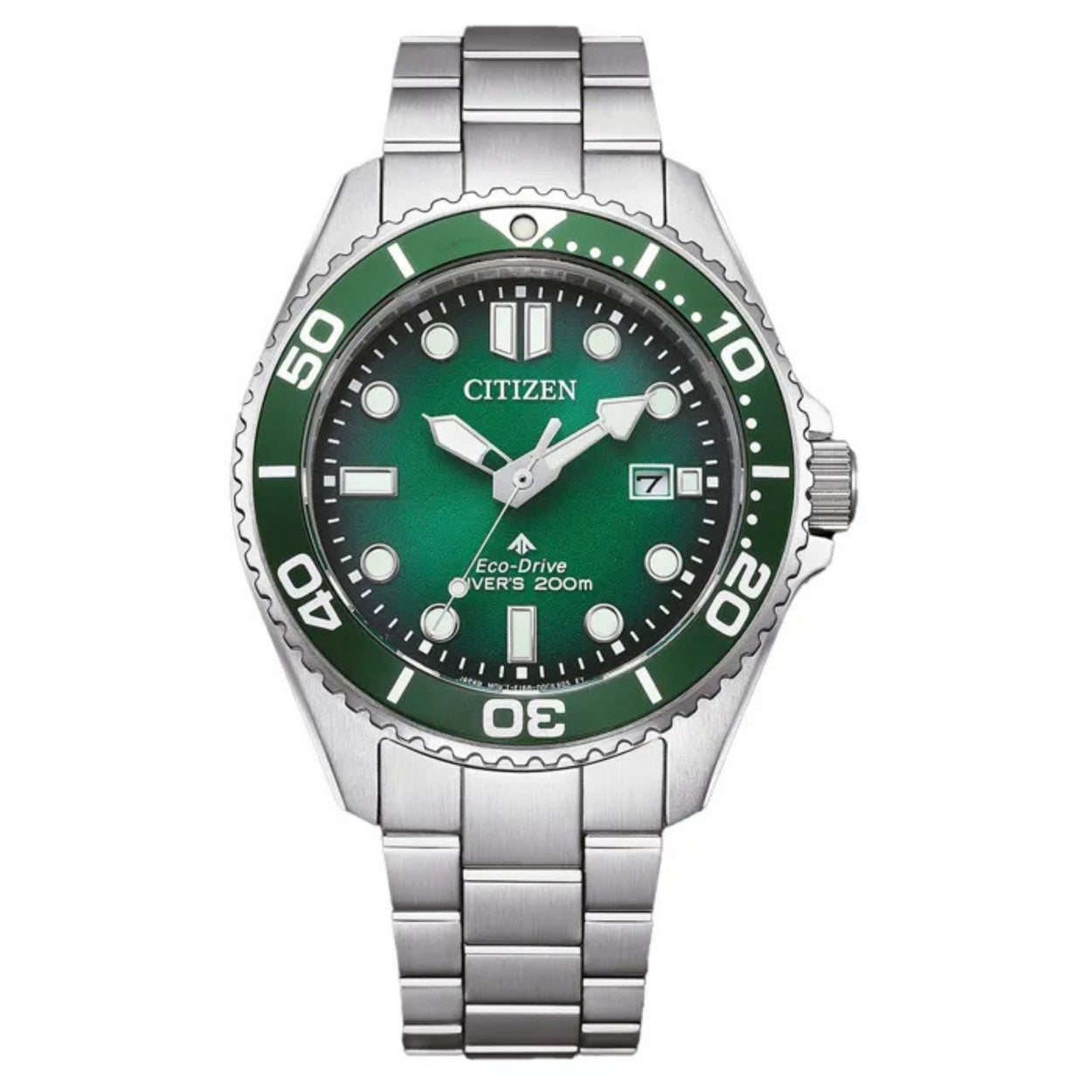 Citizen Eco-Drive Pro Marine BN0269-50W analog herrklocka med grön urtavla och armband i rostfritt stål