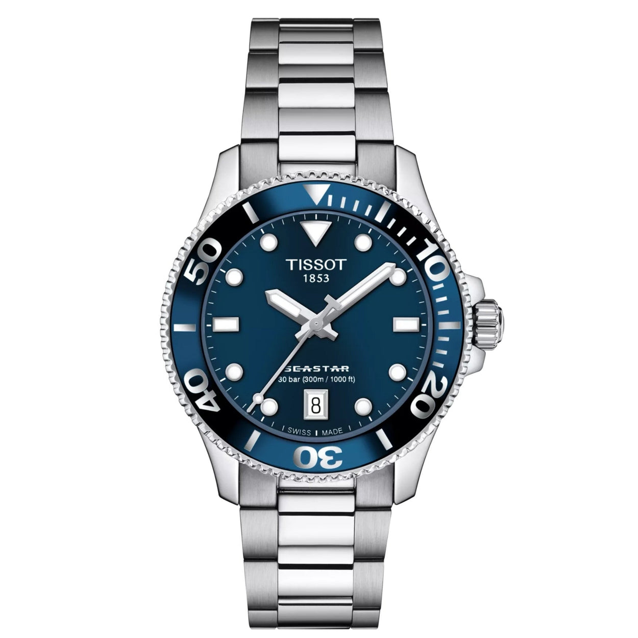 Tissot Seastar 1000 T120.210.11.041.00 analog herrklocka med blå urtavla och armband i rostfritt stål