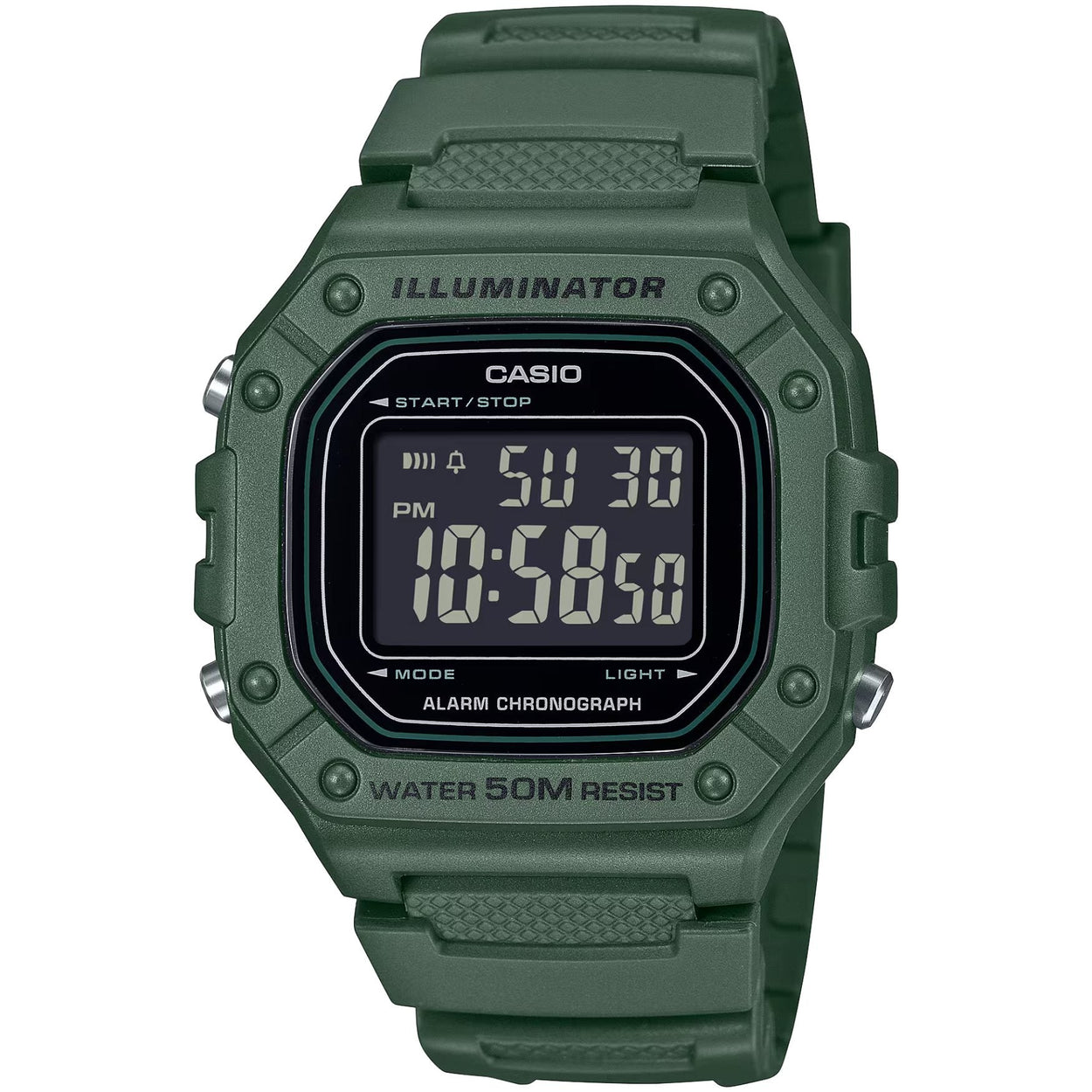 Casio Timeless W-218H-3BVEF digital herrklocka med svart urtavla och armband i resin
